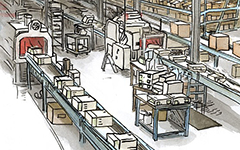 Assembly Line Computer, 2009; Ink and watercolor on paper