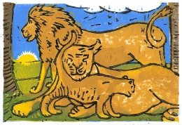 Lions, 2002; Woodblock print