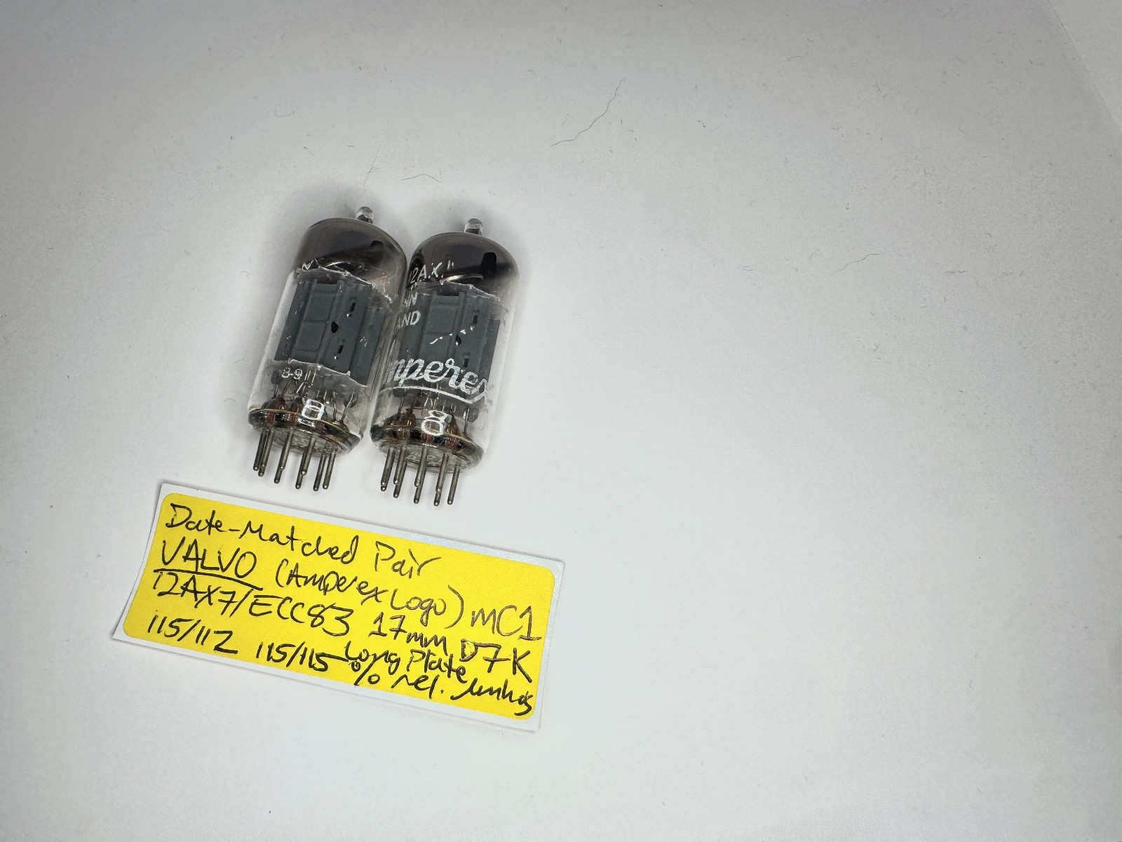 Pair Valvo (Amperex Label) 12AX7/ECC83 Long Plates 45° Getter 1957 mC1 Test@NOS+