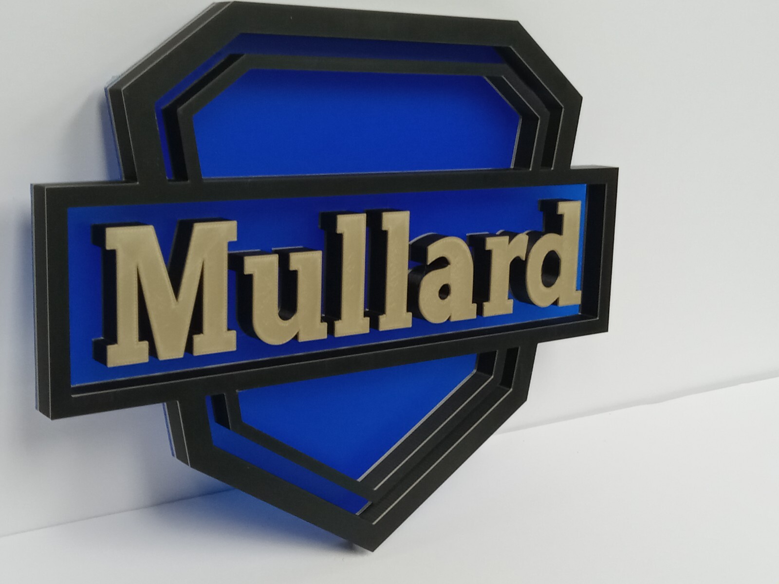 Mullard Logo Display Sign & Wood Base – Gold & Black on ‘Glass’ Blue -tubes