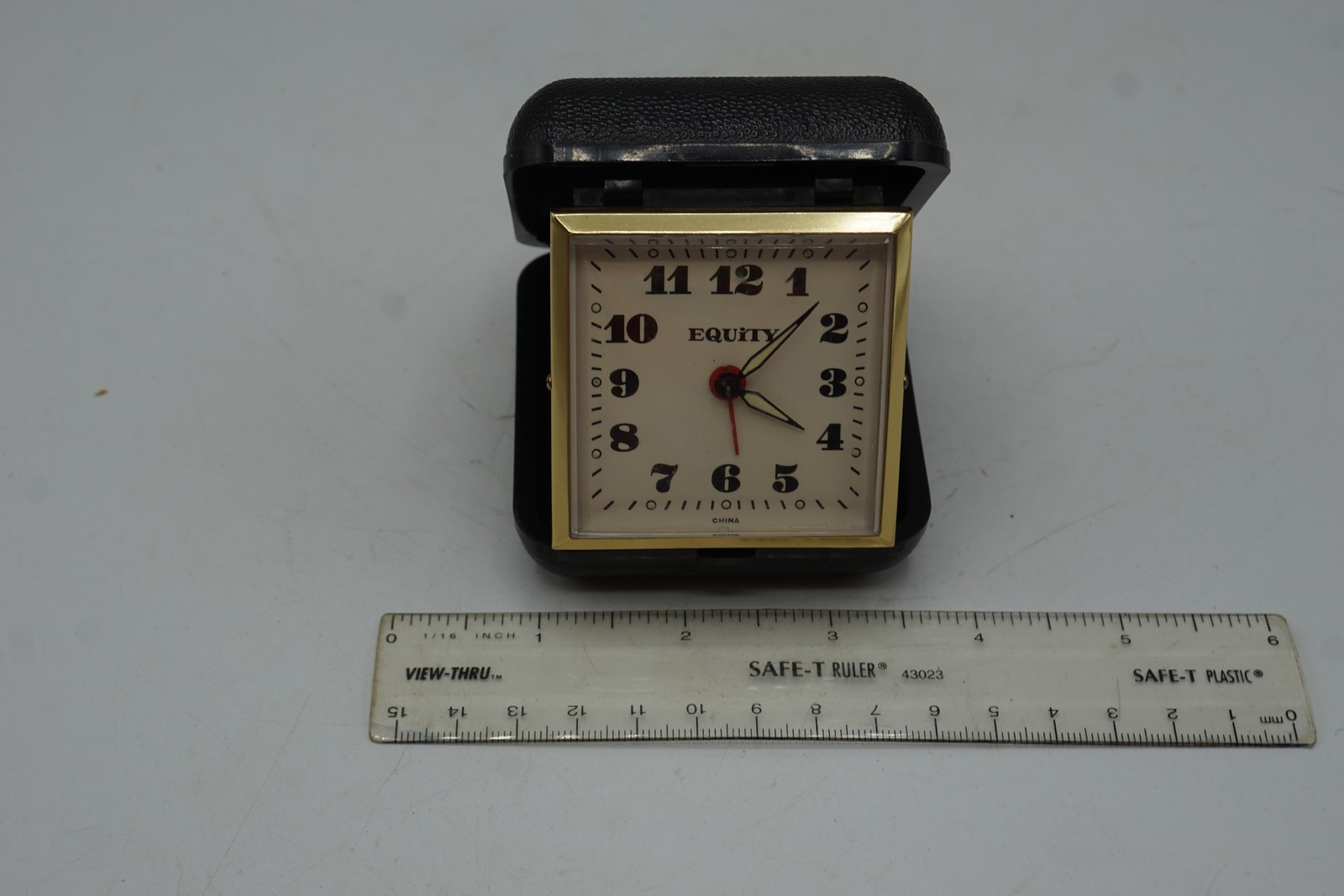 Vintage EQUITY Travel Alarm Clock Gold Tone Folding Case Made in China
