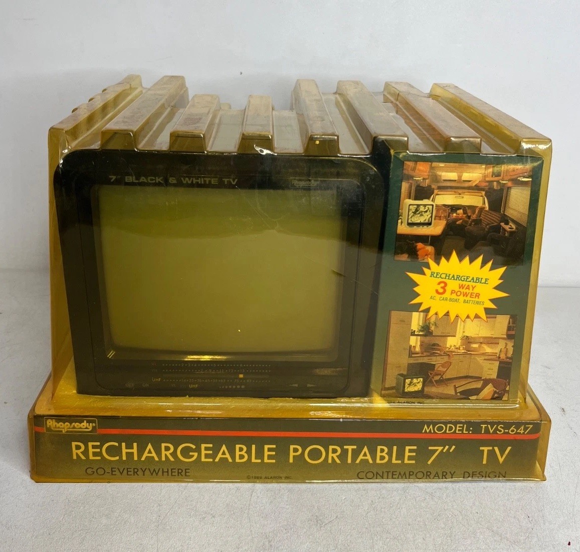 Vintage Rhapsody TVS-647 7″ Portable Black & White TV 3-Way Power New 1989