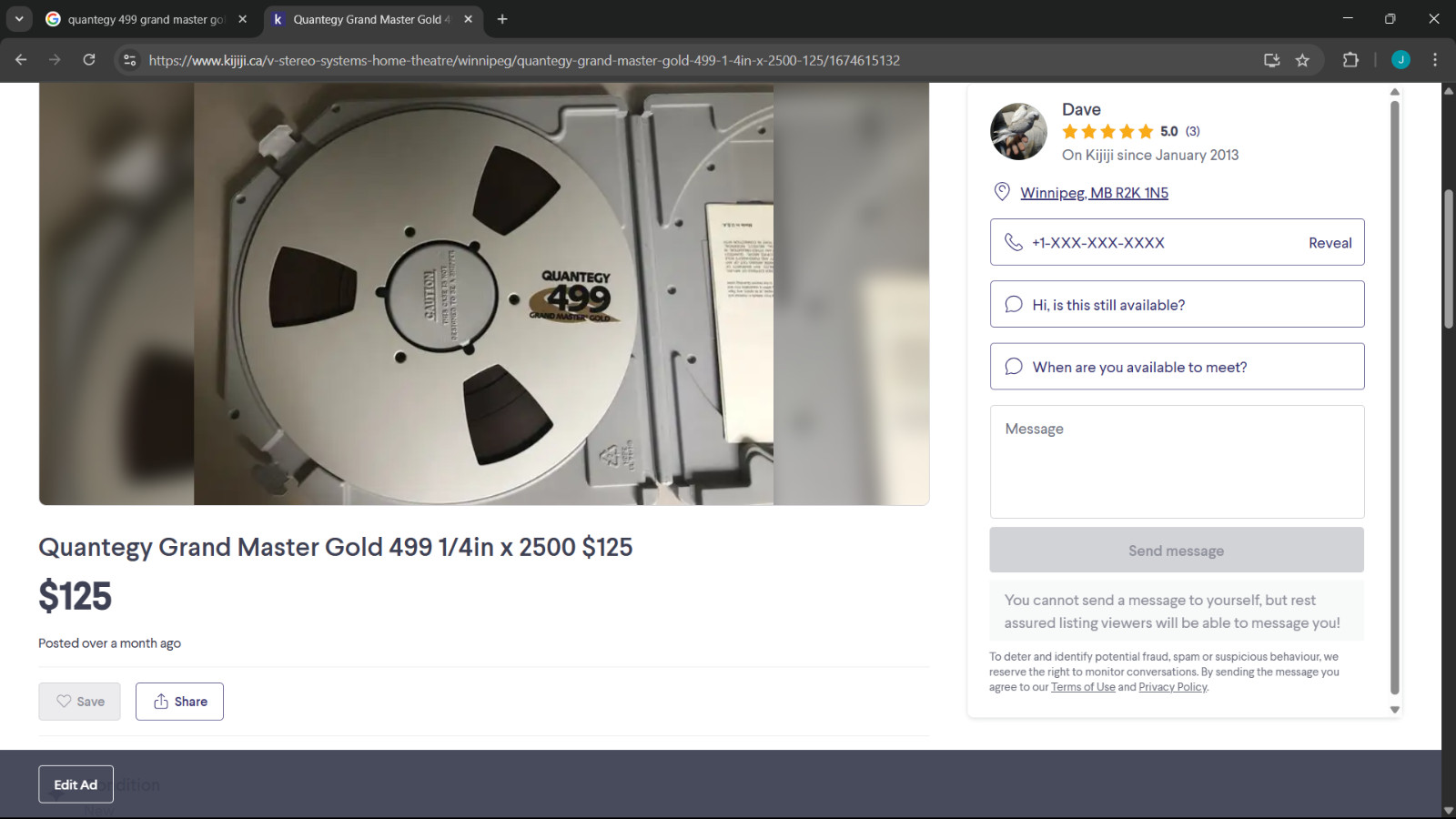 Quantegy 499 Grand Master Gold for Tascam br 20 3030 32-2 reel to reel.