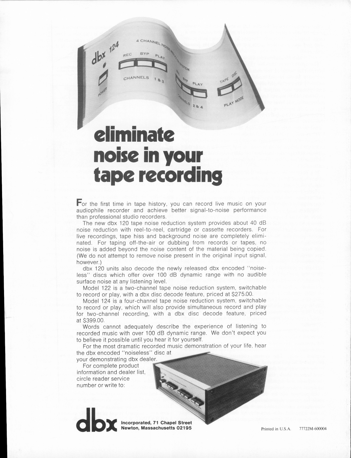 1975 DBX 122 Noise Reduction Unit Vintage Ad Feldman Report Reprint Audio Vtg.