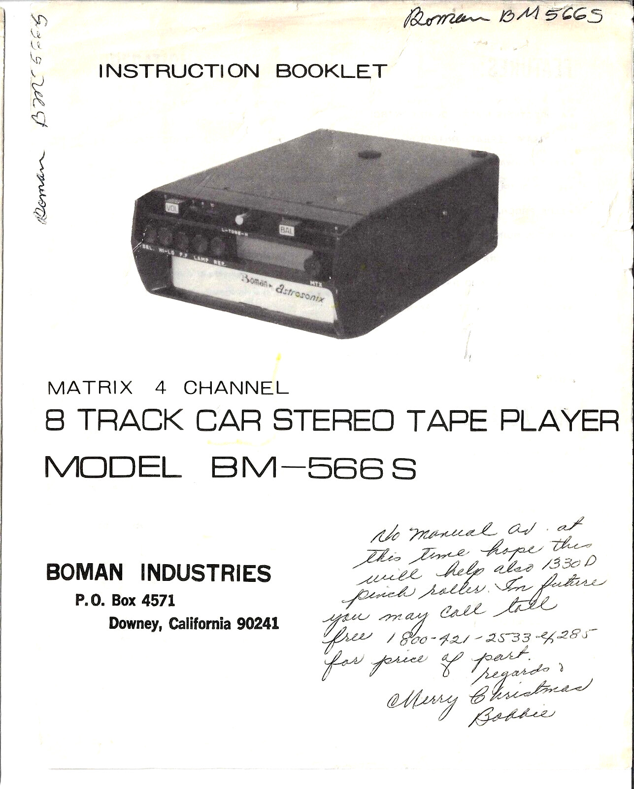 BOMAN INDUSTRIES BM-566 S, 8 TRACK CAR STEREO TAPE PLAYER INSTRUC BOOKLET – RARE