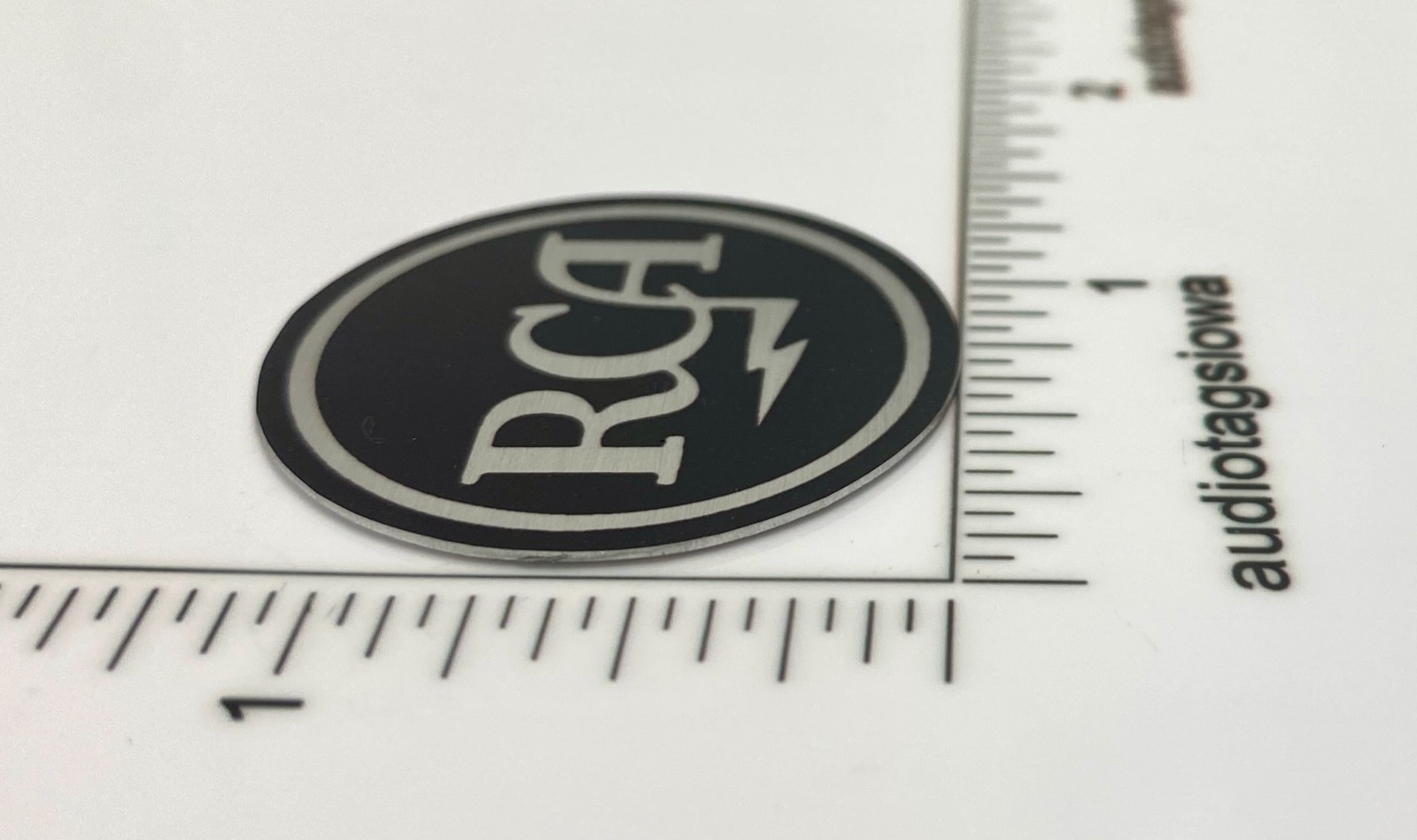 RCA Round Black & Silver Badge Logo Custom Made Aluminum Self Stick