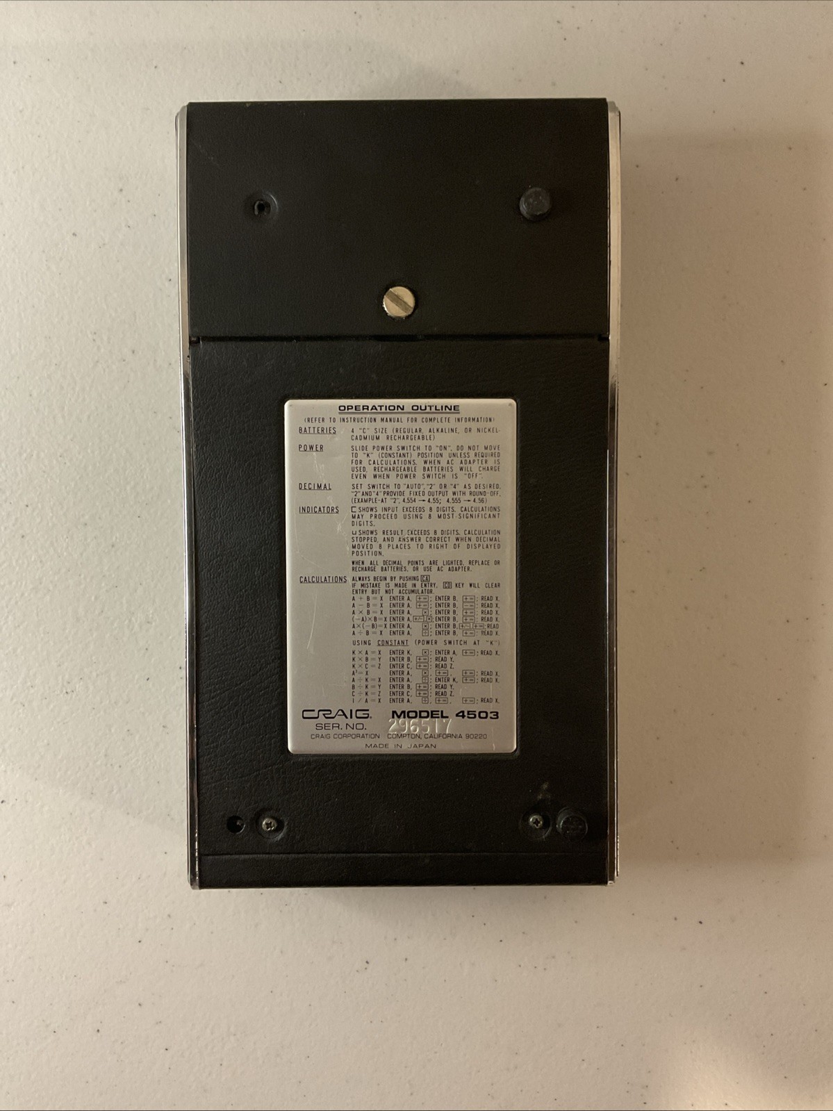 CRAIG Model 4503 Calculator UNTESTED/NO BATTERIES/AS IS