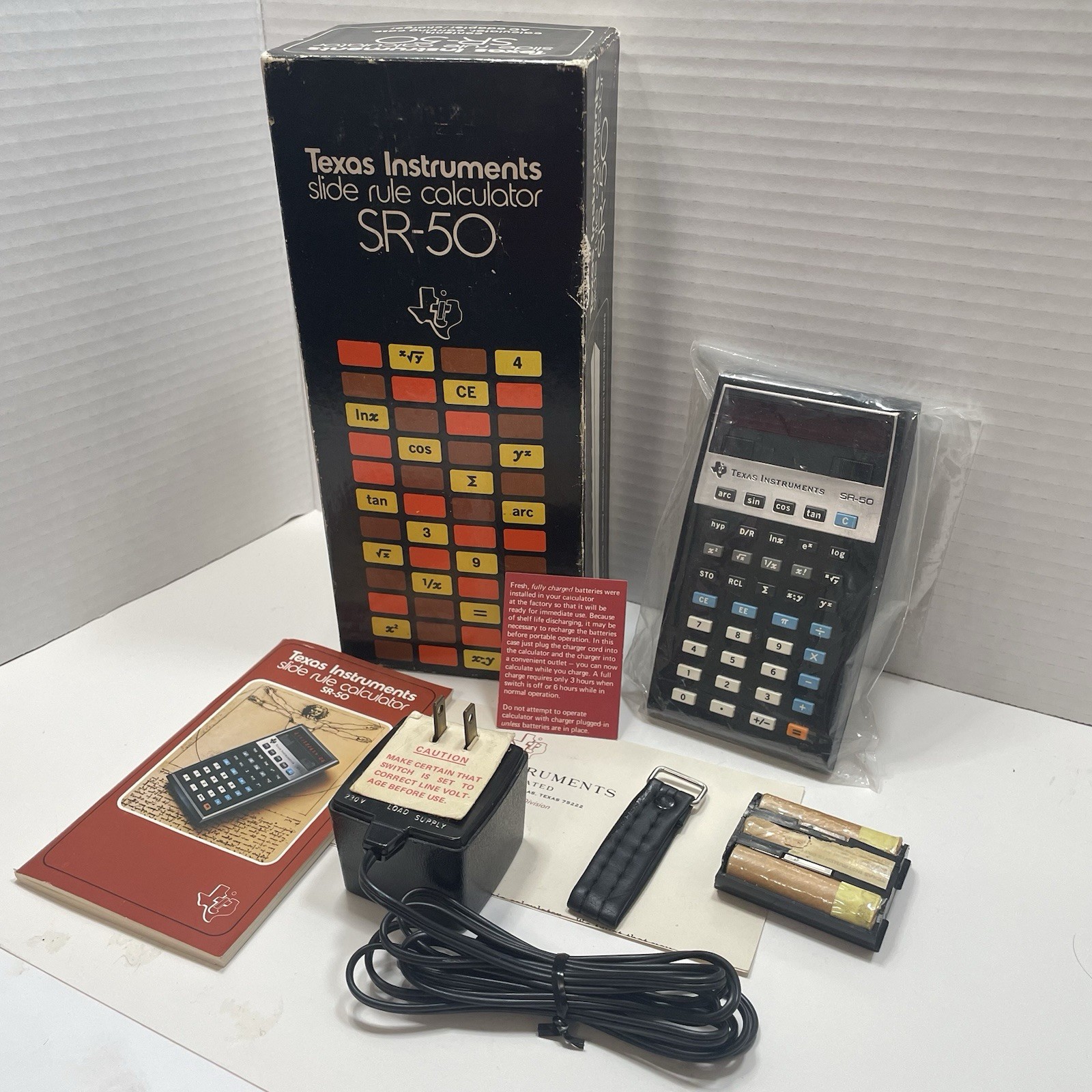 VINTAGE 1974 TEXAS INSTRUMENTS SR-50 CALCULATOR BOX MANUAL CHARGER UNTESTED