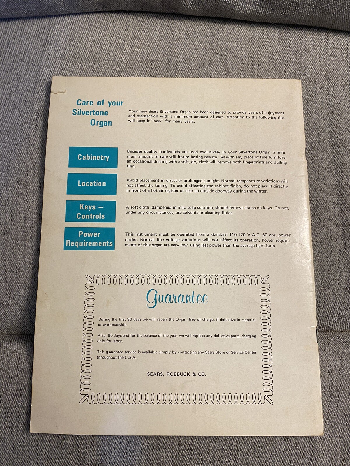 Sears Silvertone Chord Organ Owners Manual For 18, 30, 40 Button Organ 1969