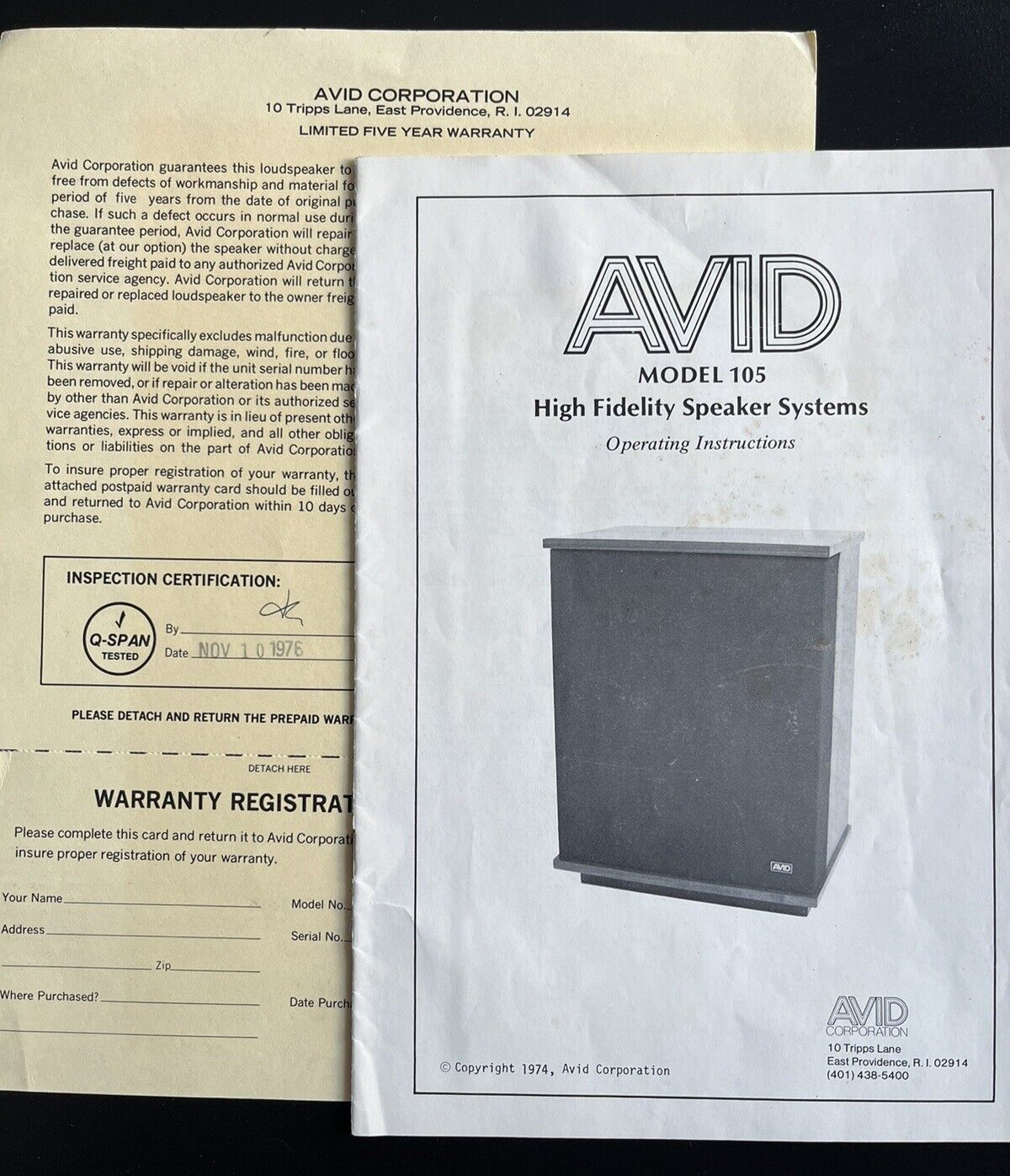 AVID MODEL 105 SPEAKER ORIGINAL OPERATING INSTRUCTIONS JO1242