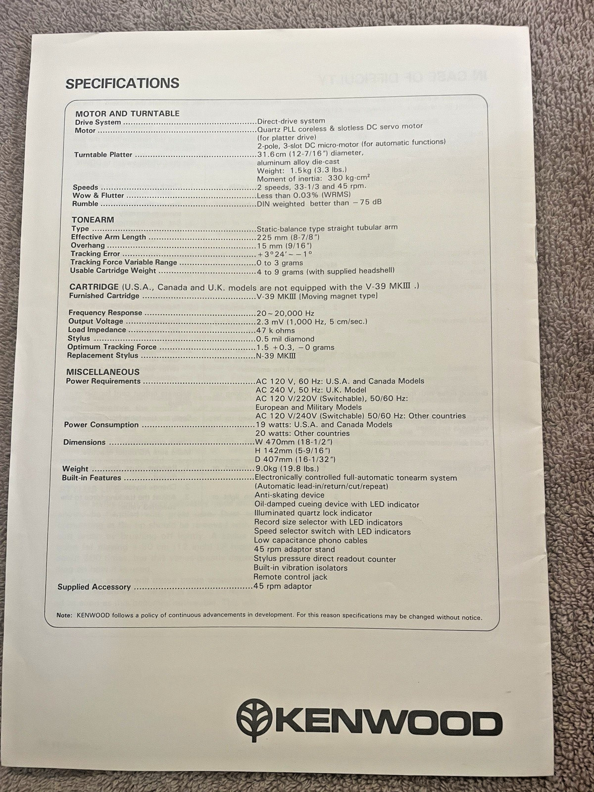 ORIGINAL INSTRUCTION MANUAL / KENWOOD KD-5100 TURNTABLE / EXCELLENT CONDITION /