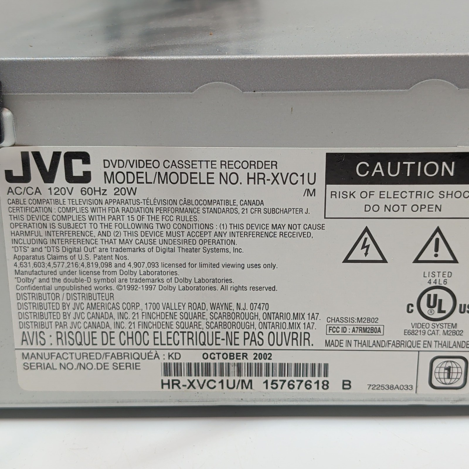 JVC HR-XVC1U DVD/VCR Combo Player Recorder VHS Hi-Fi Stereo 4 Head w/ Remote