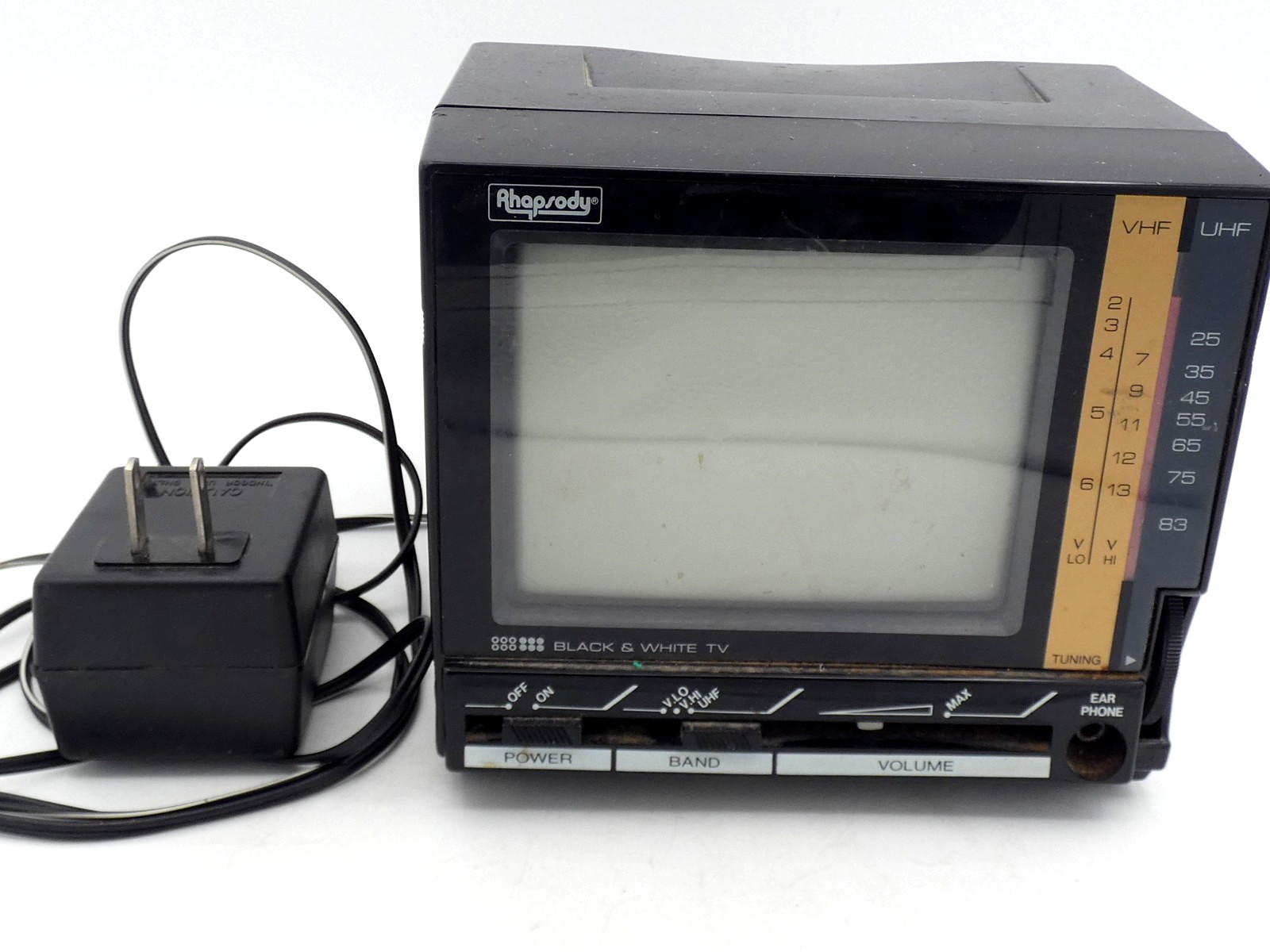 Vintage 1989 Rhapsody Portable Black & White TV w/AC Adaptor Antenna Tested Used