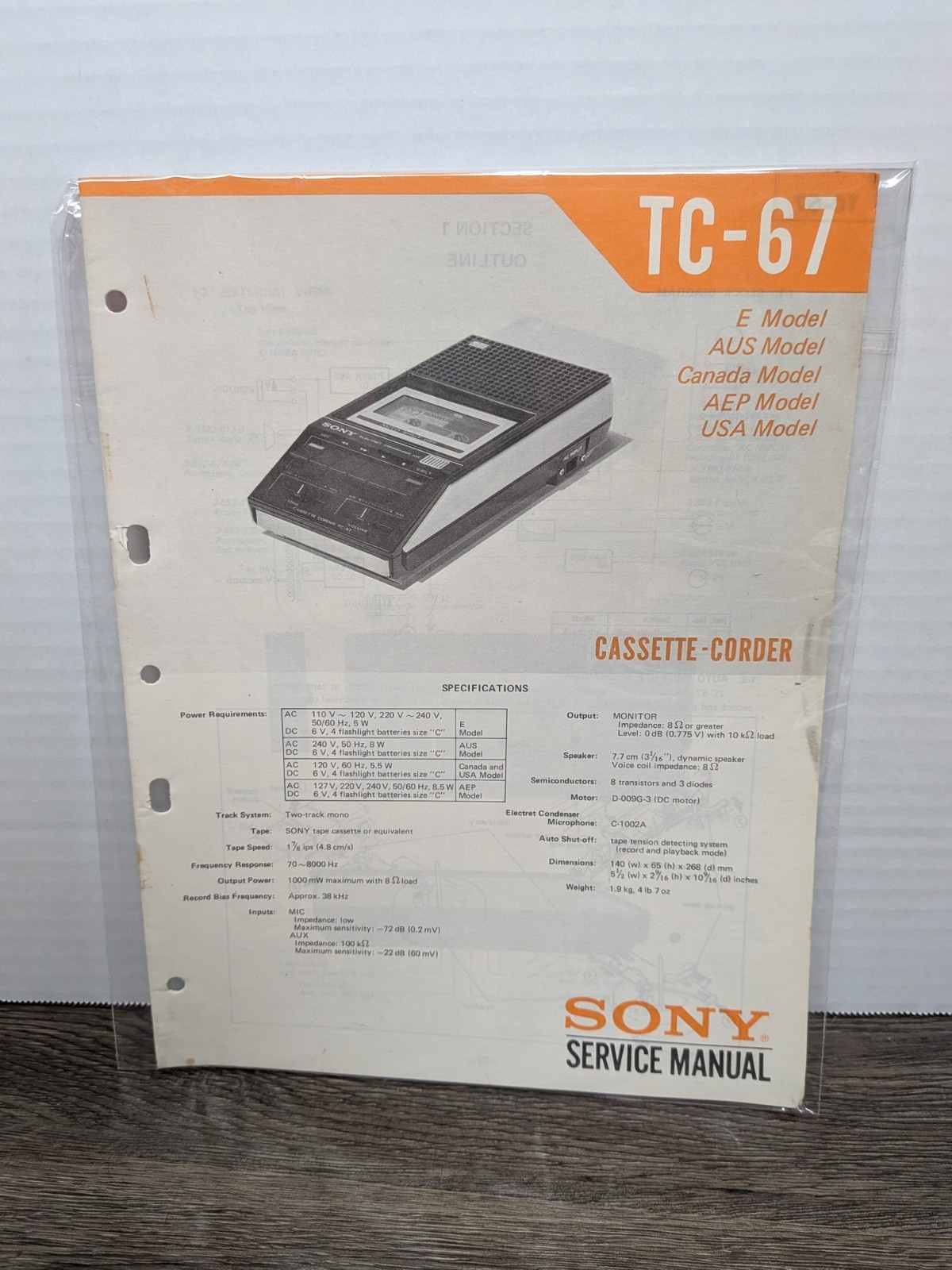 Sony TC-67 Cassette Tape Corder Recorder Service Manual Original OEM Paperwork