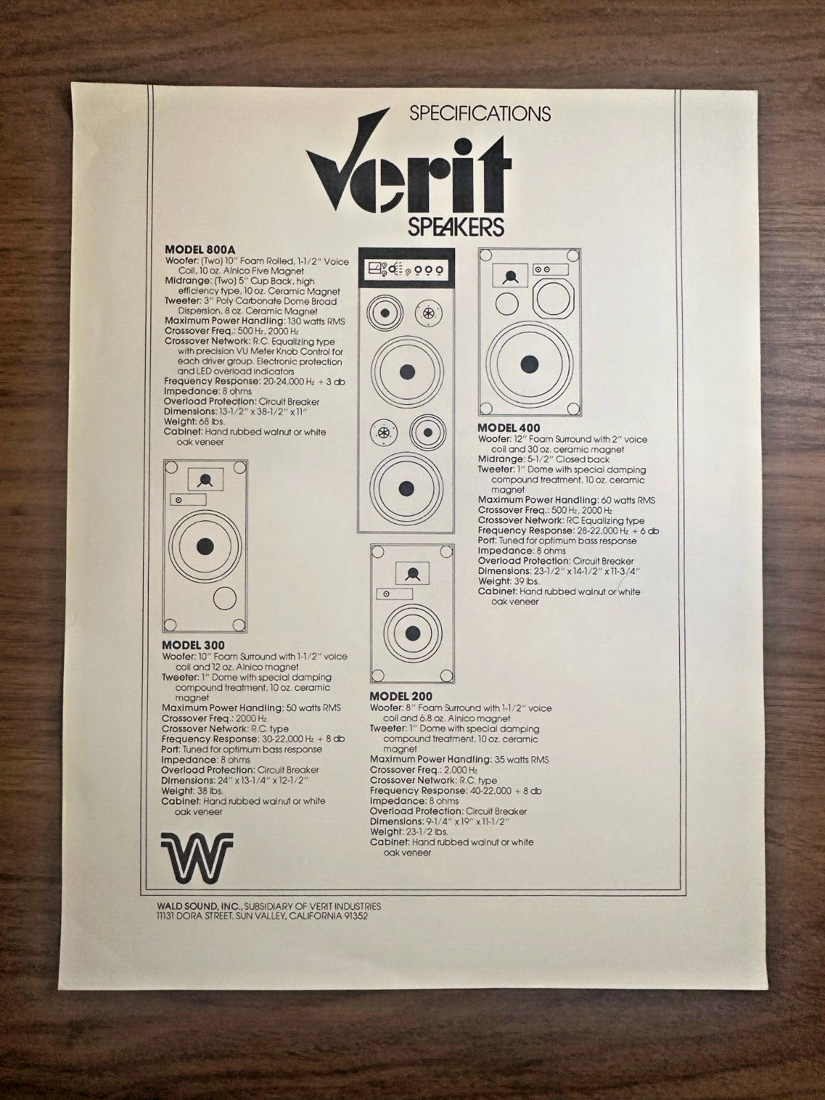 1970’s Stereo Speaker Sheet Catalog Verit by Wald Series Speakers Cool Rare