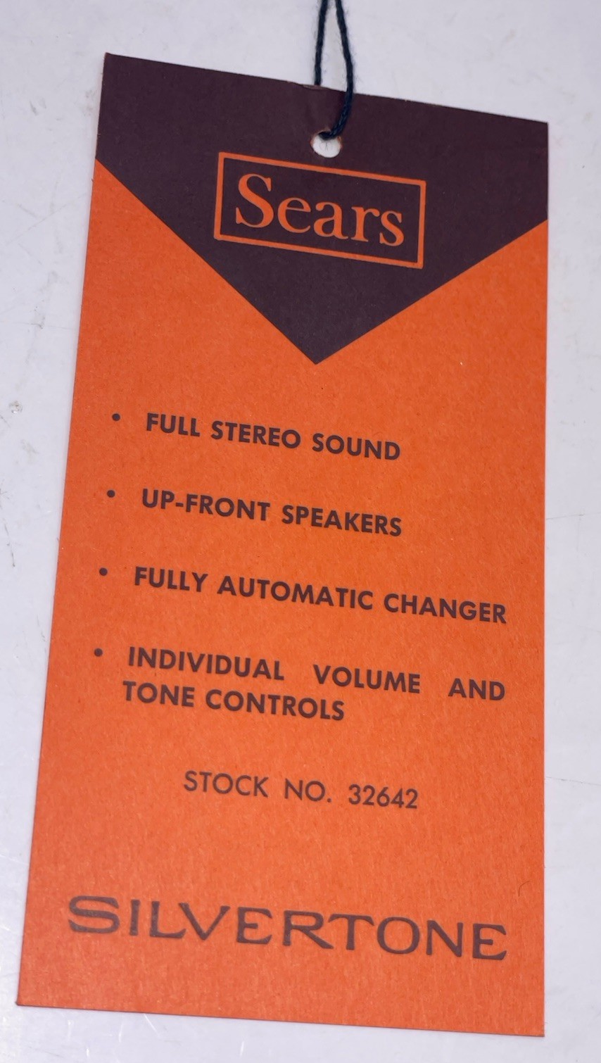 Original Vintage 1960’s SEARS Silvertone Record Player HANG TAG 4.75”