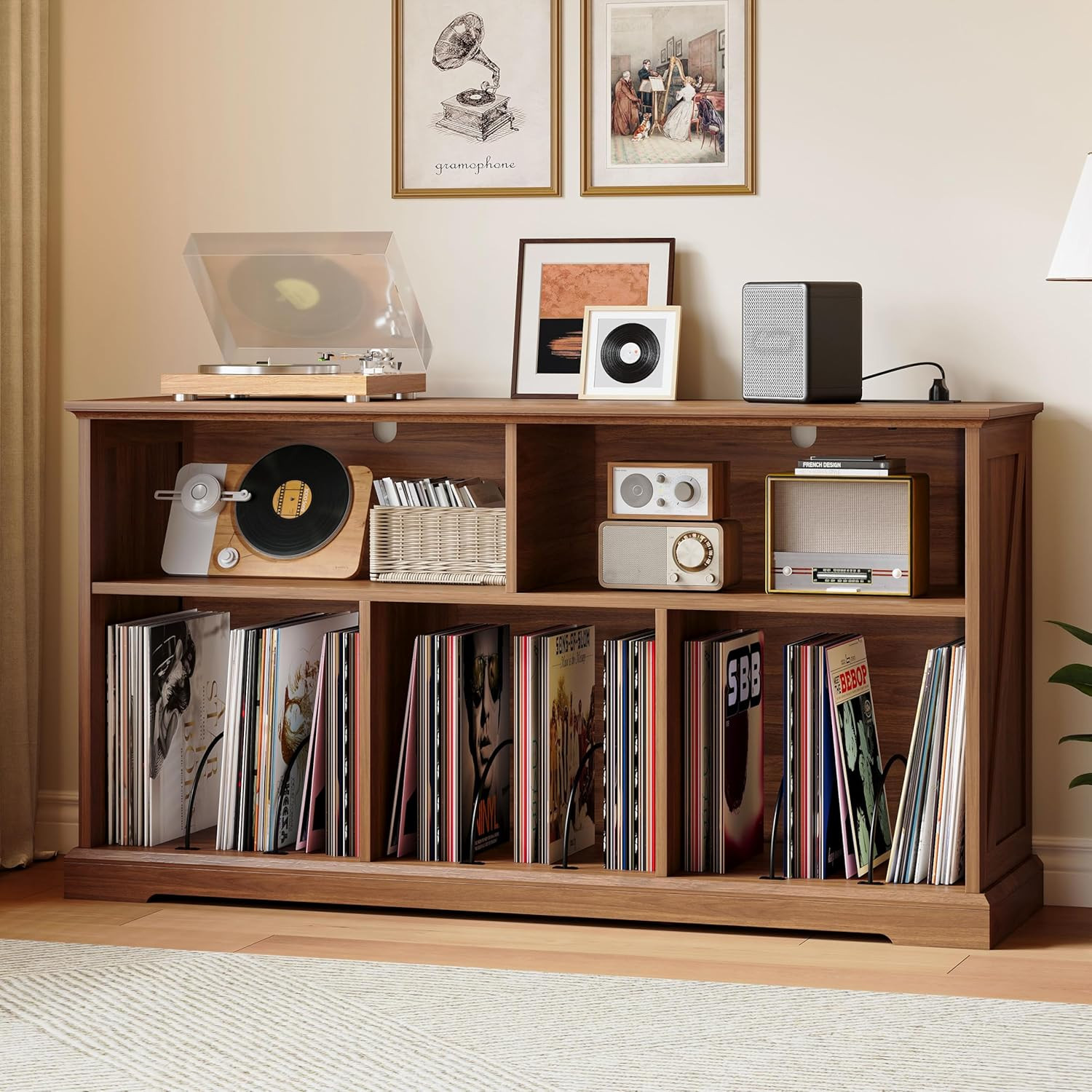 55″ Mid-Century Modern Record Player Stand with Charging Station