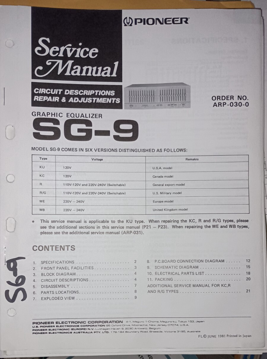 Pioneer SG-9 SG-9 KC R R/G Service Manual Graphic Equalizer Original