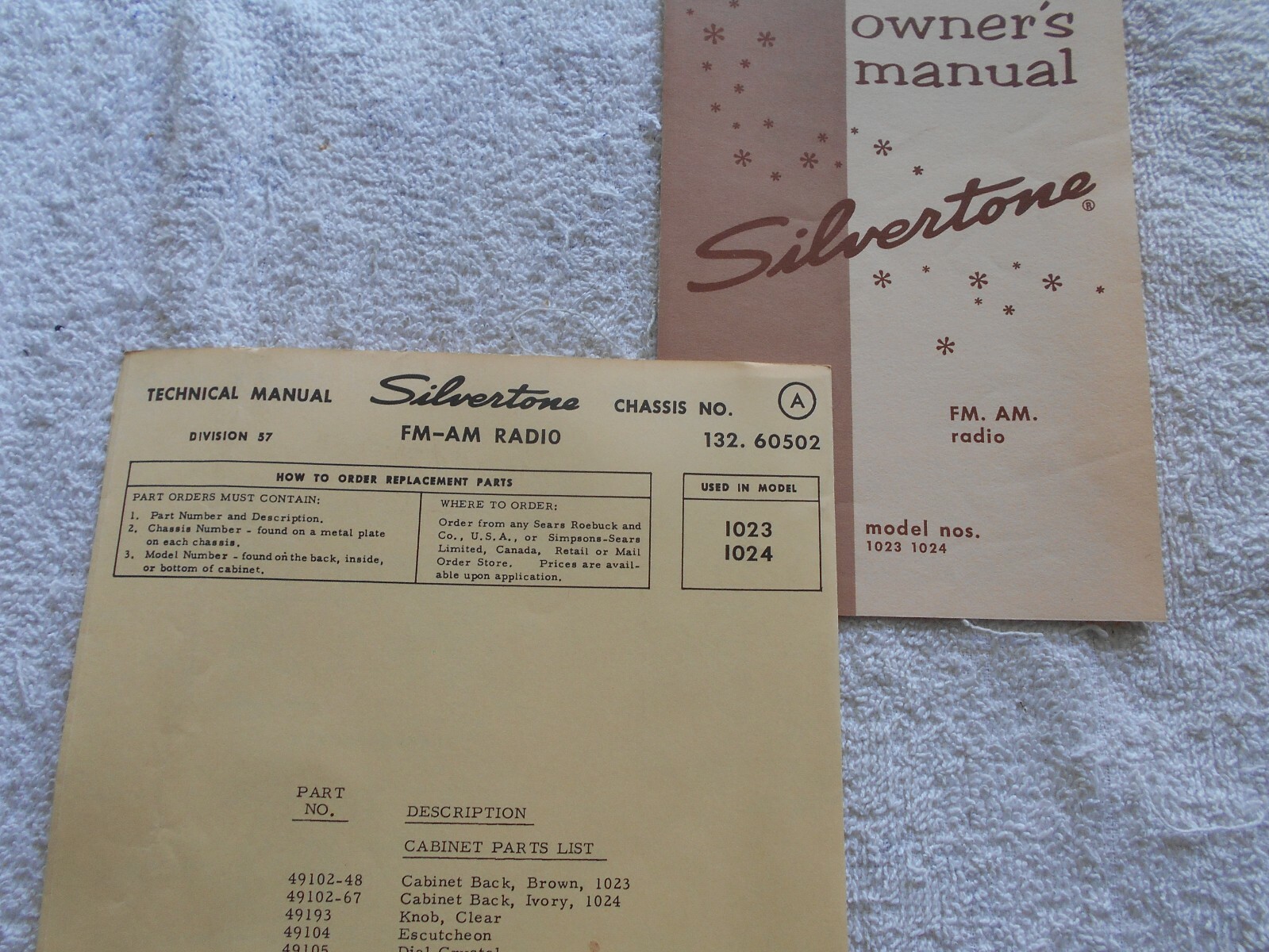 SEARS SILVERTONE OWNER’S MANUAL & TECHNICAL MANUAL MODEL NOS. 1023-1024-FM-AM