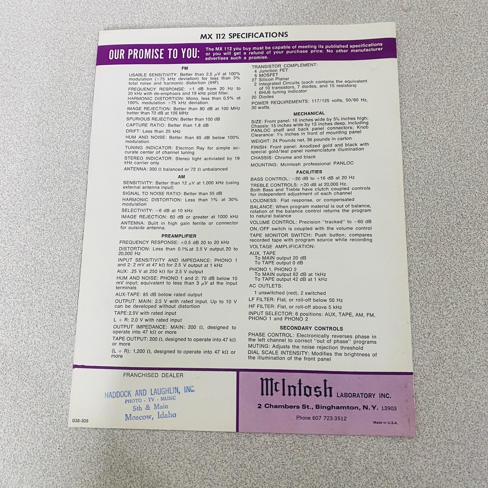 McIntosh MX112 Control Center Sales Brochure Pamphlet 038-309 Vtg W/ Specs