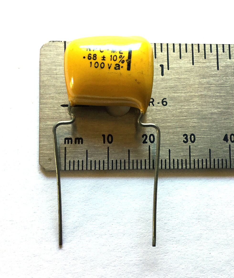 5 NOS NPC Radial Mustard Drop Style Capacitors .68 uf 100v