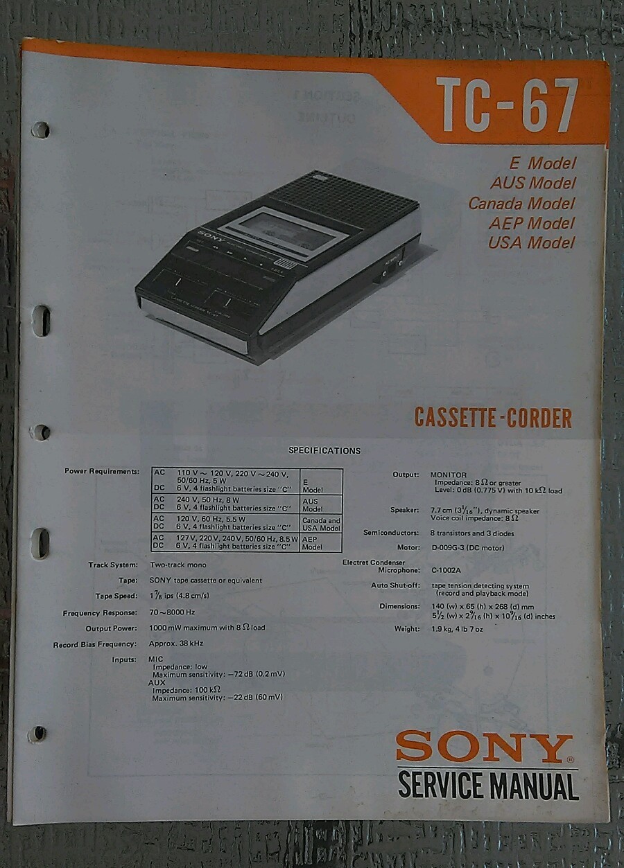 Sony tc 67 Service Manual schematic tape player cassette recorder Original book