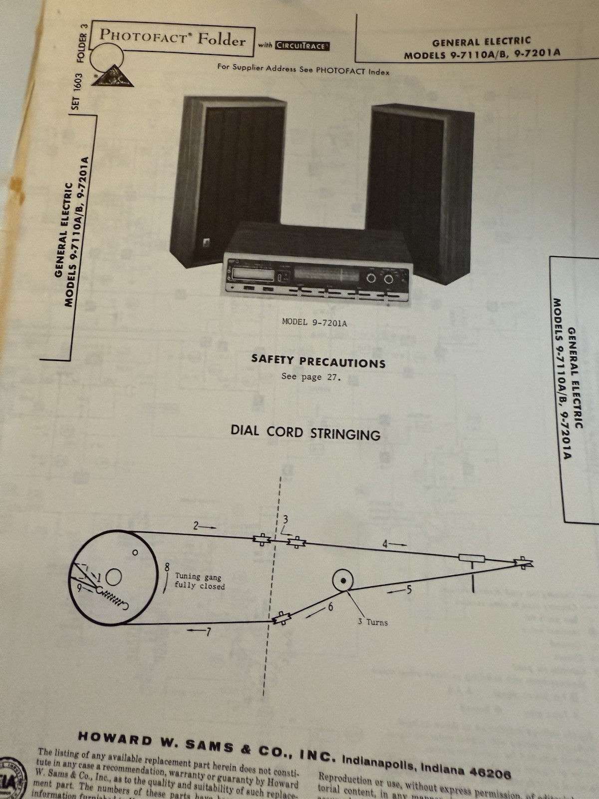 Sam’s Photofact Model 9-7201A General Electric Dial Cord Stringing October 1976