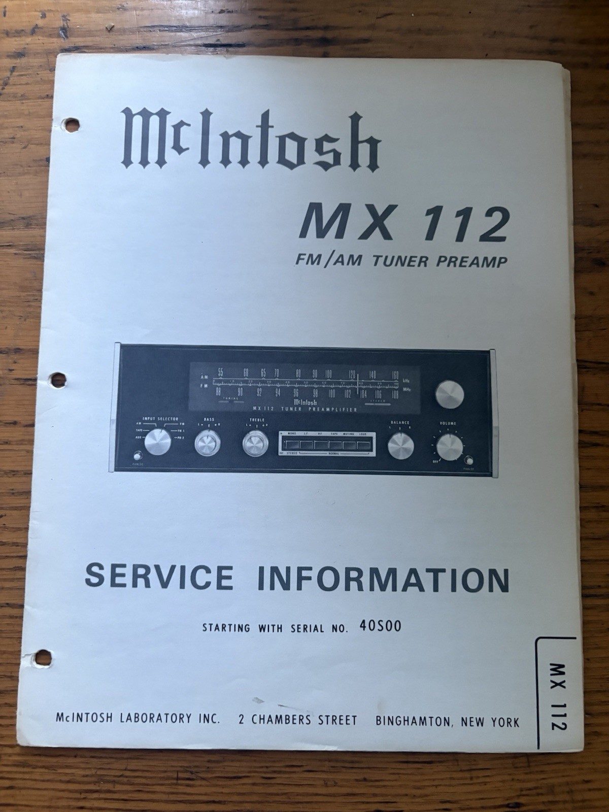 McIntosh MX112 Tuner Preamp Serial No 40S00 Service Information
