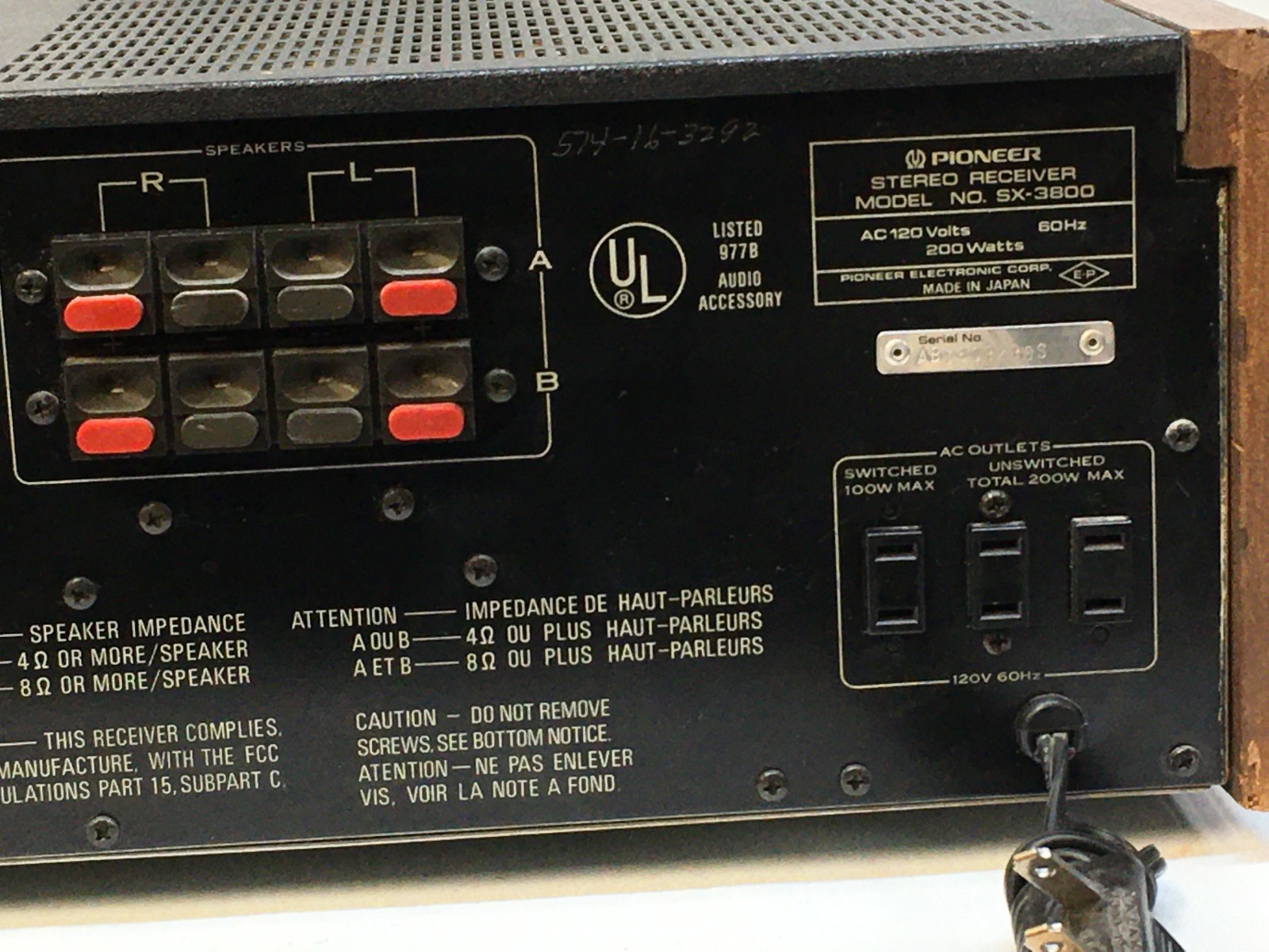 Pioneer SX-3800 Vintage AM/FM Stereo Receiver, FM Quartz Locked TESTED WORKING