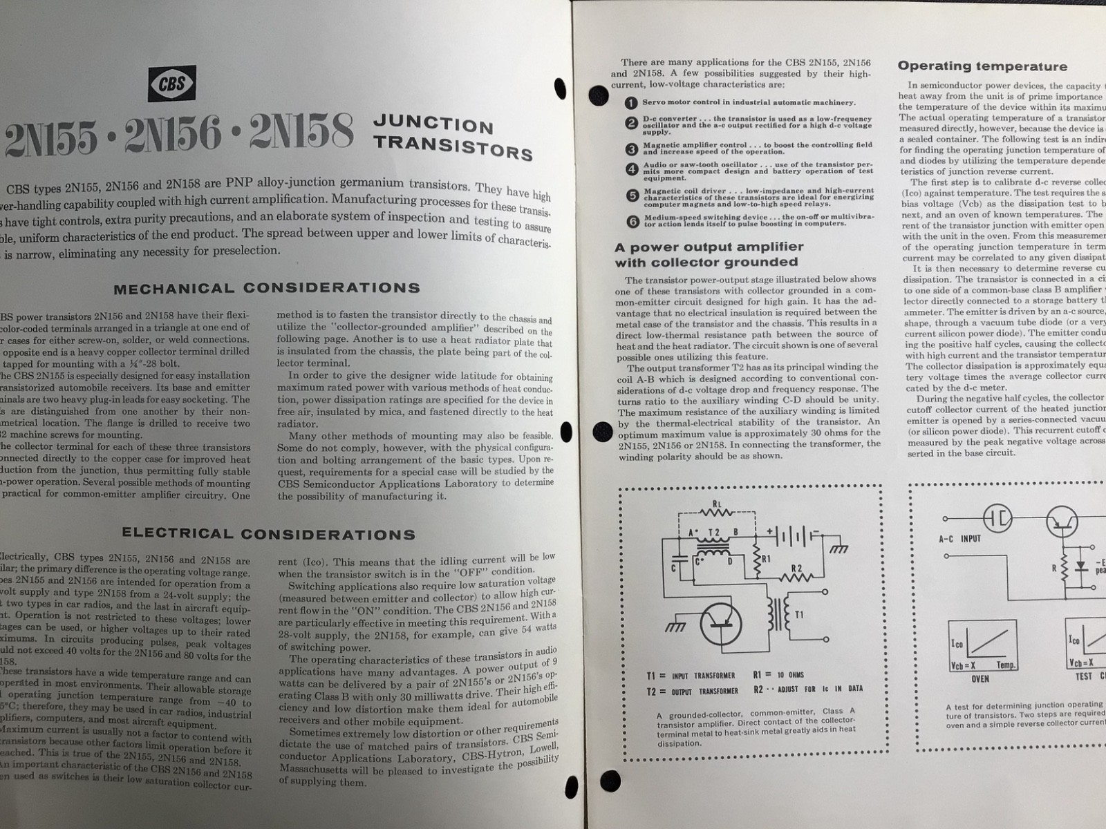 Vintage 1956 CBS Power Transistors Manual 2N155 2N156 2N158 Booklet