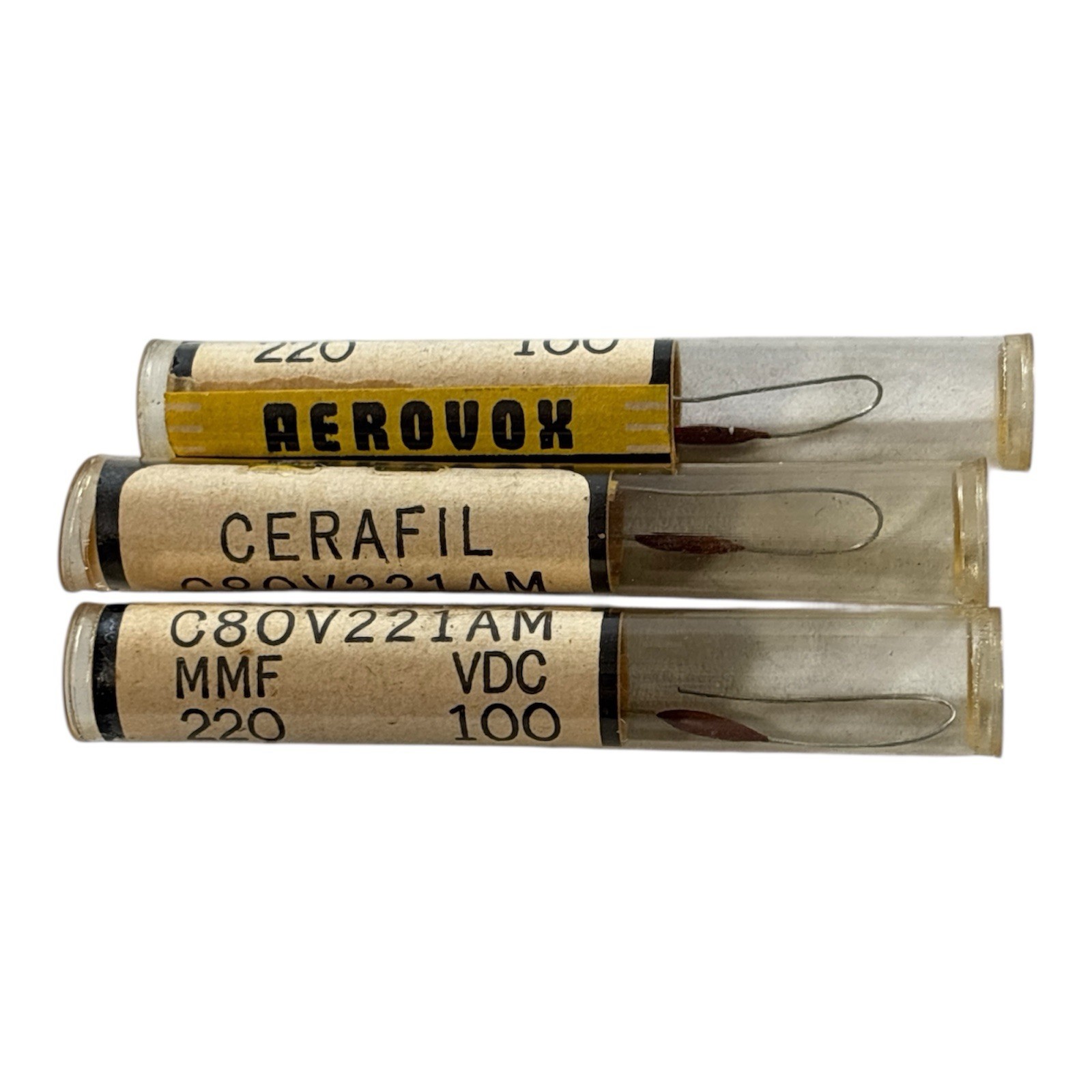 Vintage Aerovox CERAFIL C80V221AM 220pF 100VDC Capacitors NOS Lot of 3