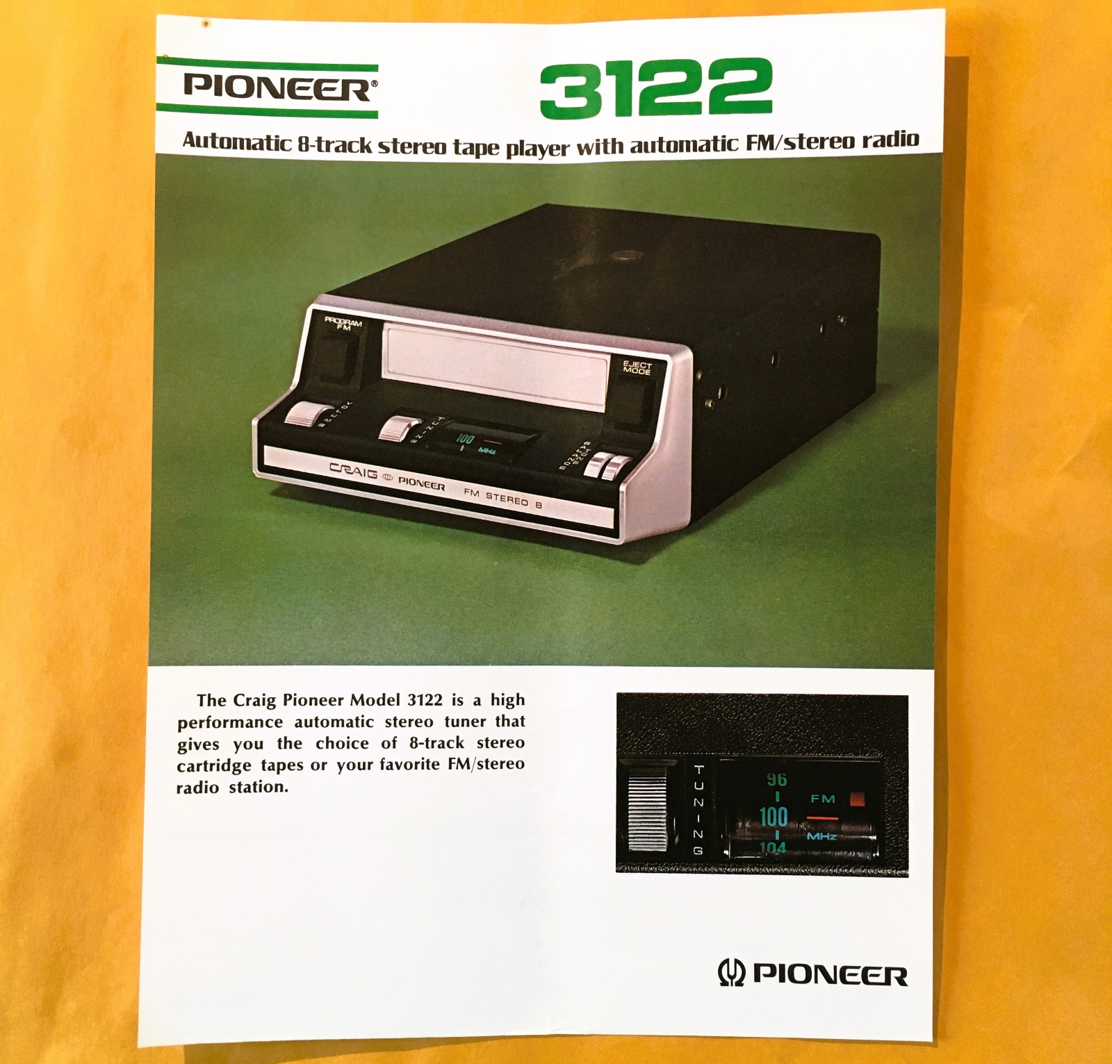 Original Vintage Pioneer Craig Model 3122 Automotive 8-Track and Tuner Brochure