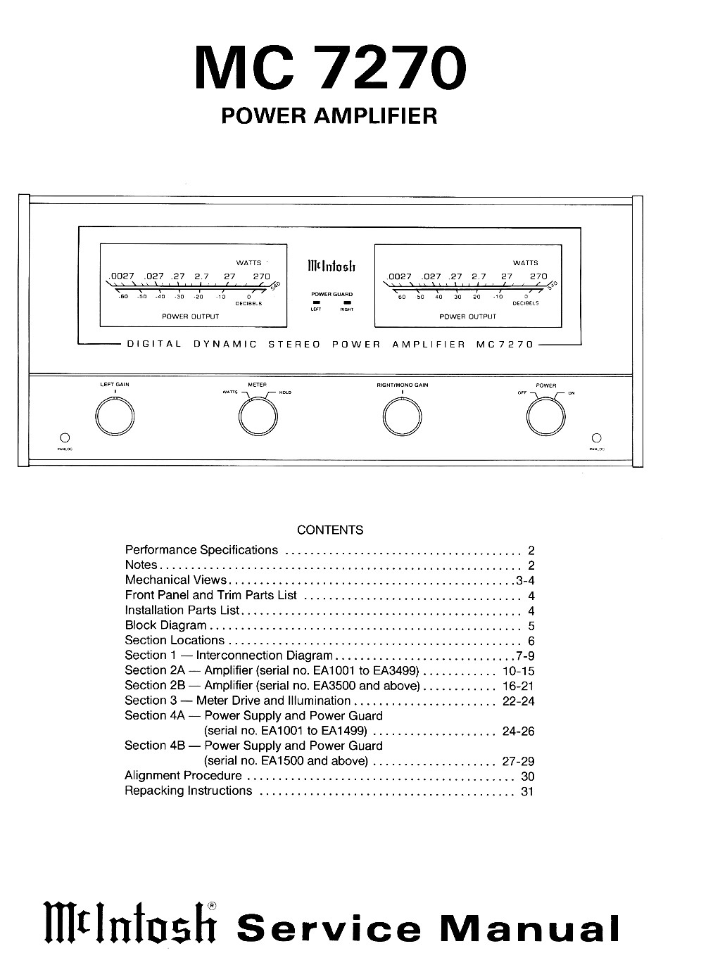 McIntosh MC 7270 Power Amplifier 3-in-1 OWNER’S MANUAL and SERVICE MANUAL