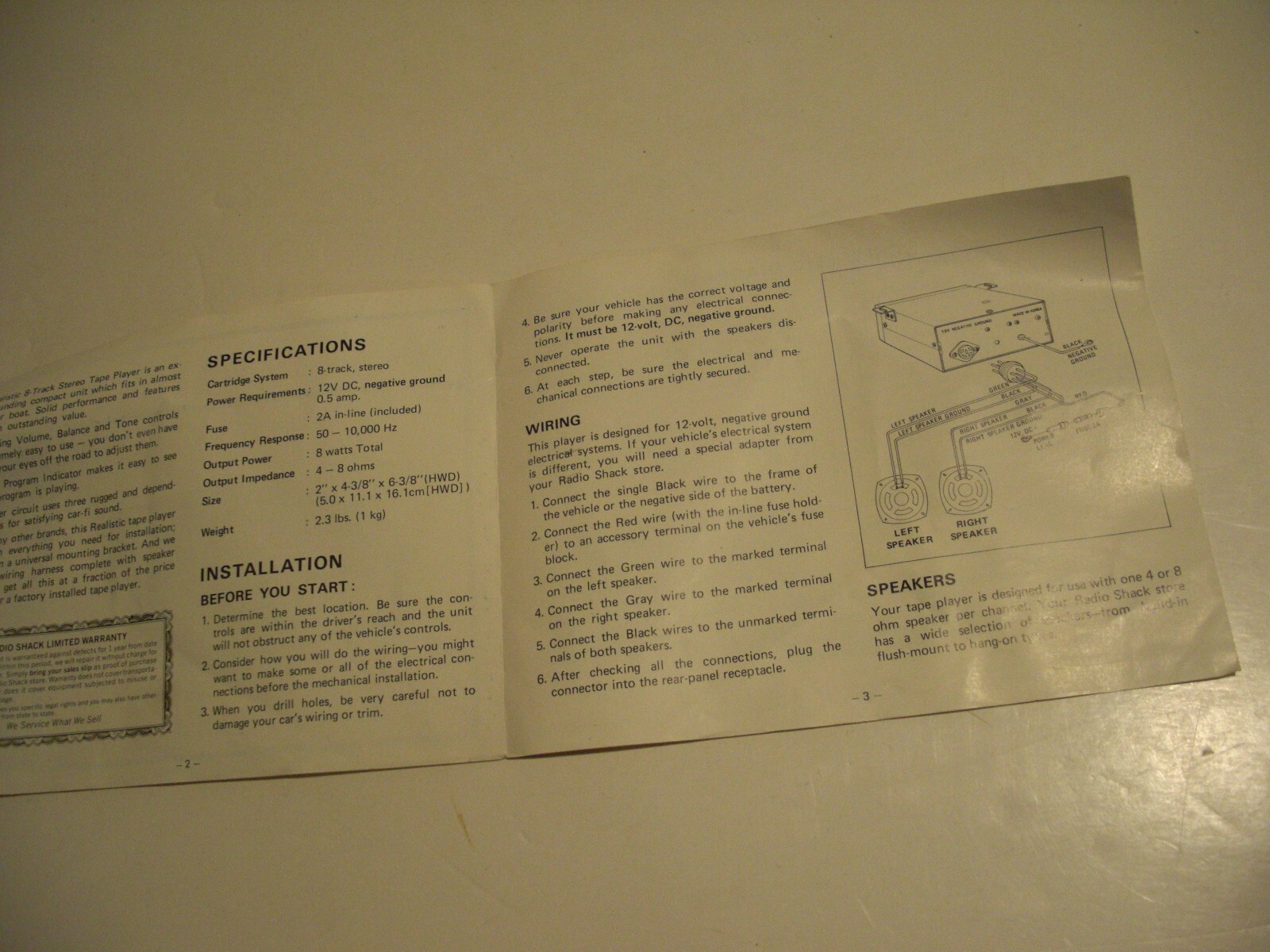 Orig Realistic/Radio Shack Owner’s Manual 12-1801 for Model 12-1800 Car 8-Track