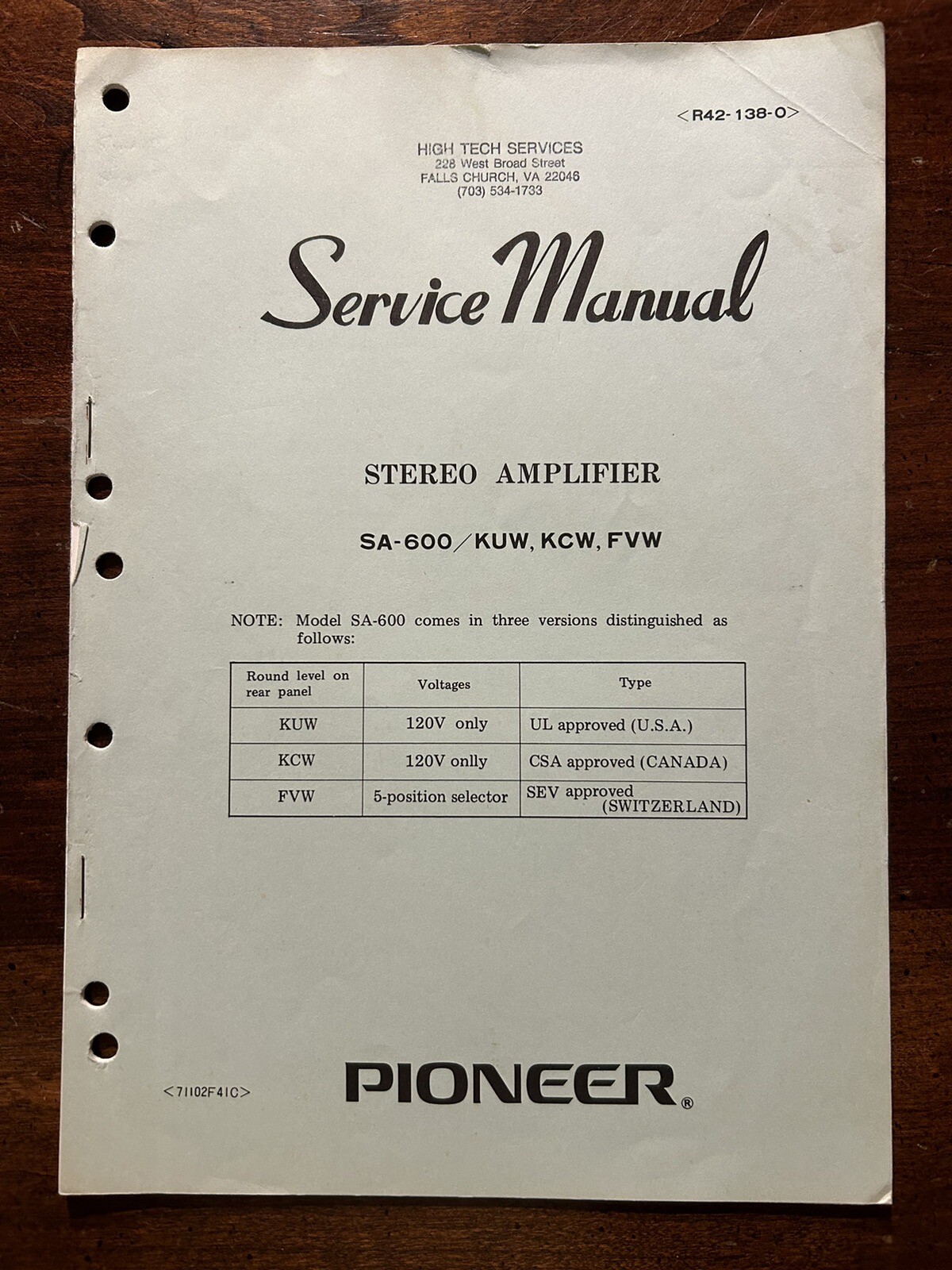 Pioneer SA-600 Stereo Amplifier Service Manual Vintage Original OEM
