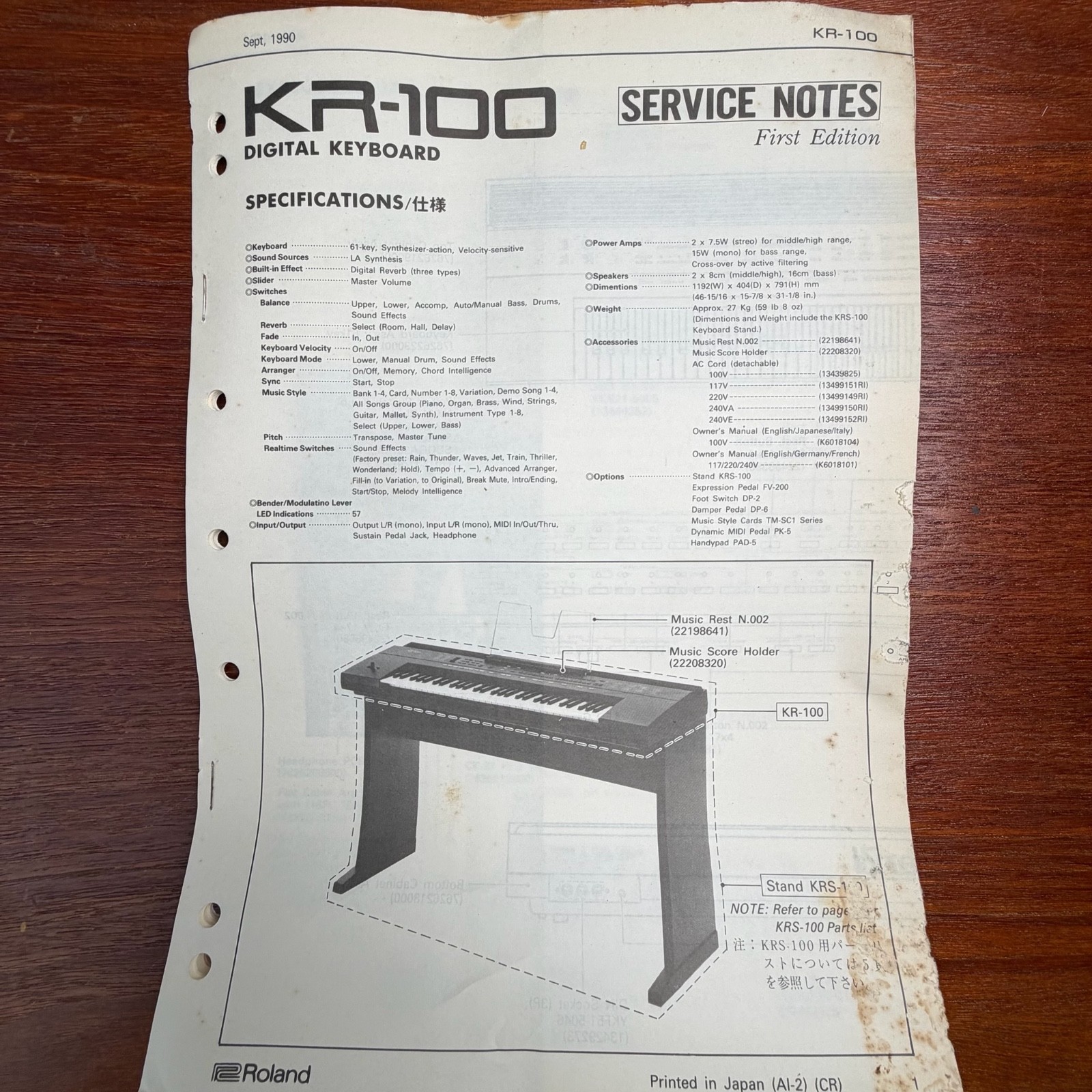 VINTAGE ROLAND KR-100 DIGITAL KEYBOARD SERVICE NOTES FIRST EDITION