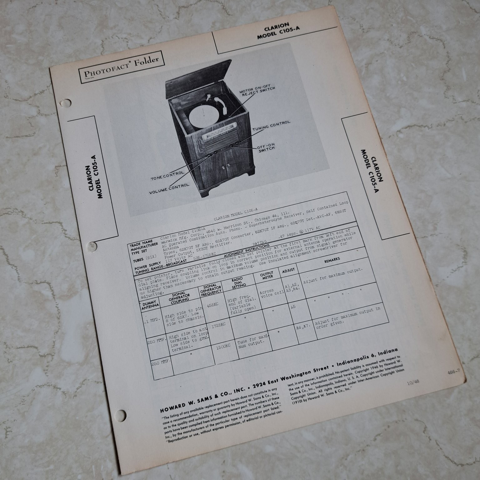 Clarion Manual C105-A Radio Phonograph 1948 Photofact Folder Illustrated