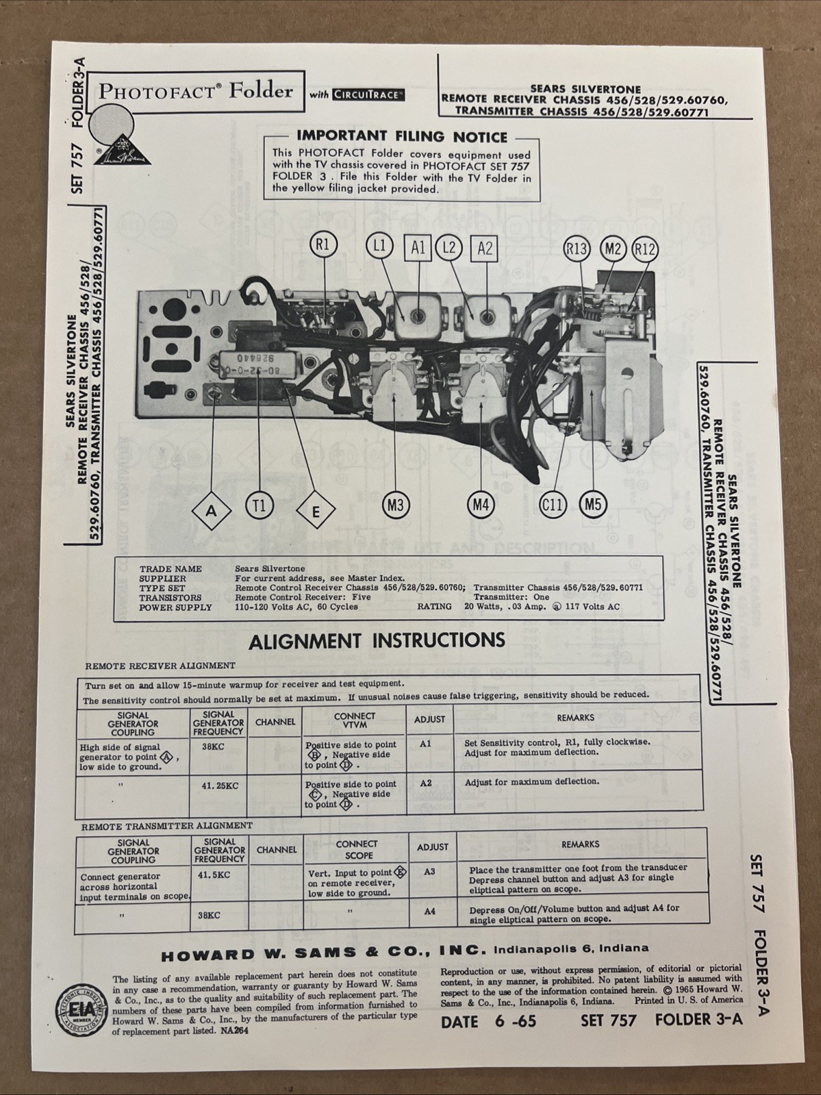 Vintage Sams Photofact Schematic 6-1965 SEARS SILVERTONE REMOTE RECEIVER