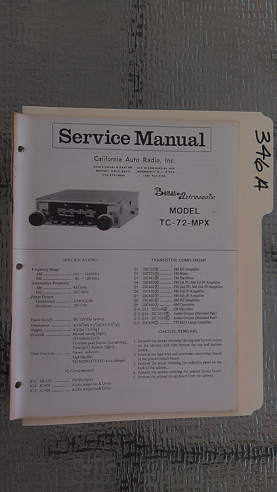 Boman tc-72-mpx service manual original repair book stereo am fm car radio