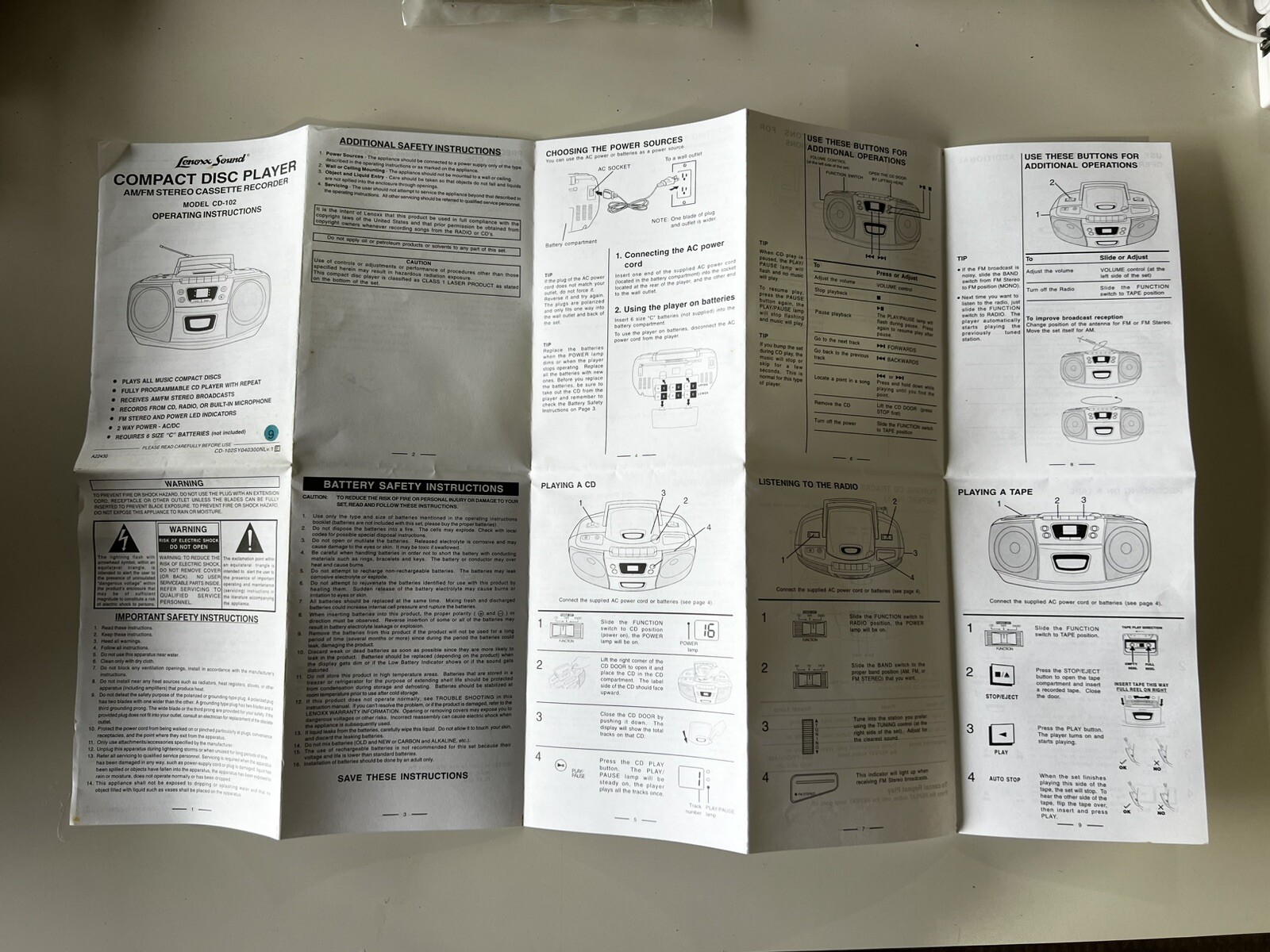 Lenoxx Sound CD Player AM/FM Cassette Recorder CD-102 Instructions Manual Guide
