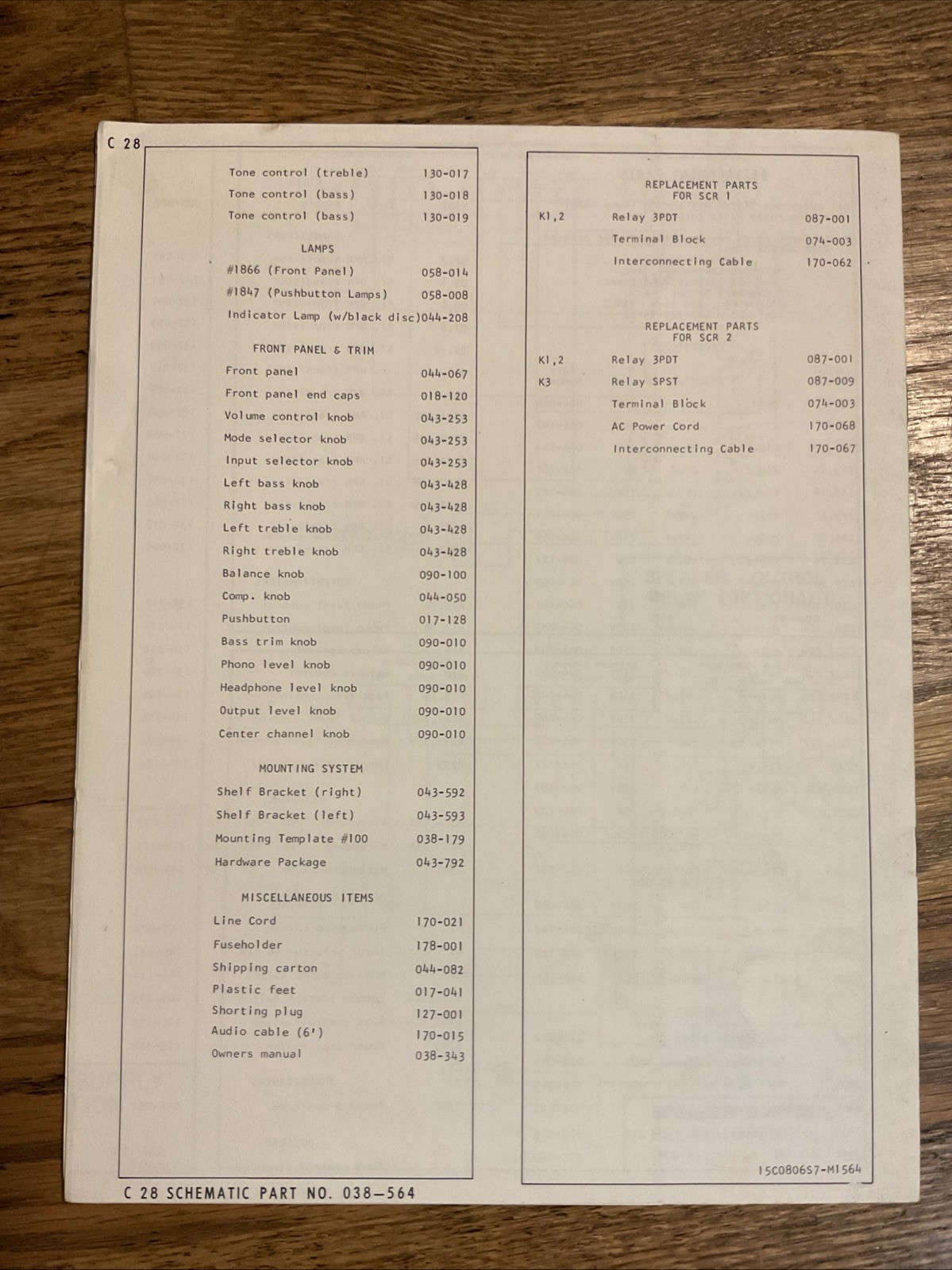 McIntosh C28 Preamplifier Service Information & Bulletin (SN start w/91X50) OEM