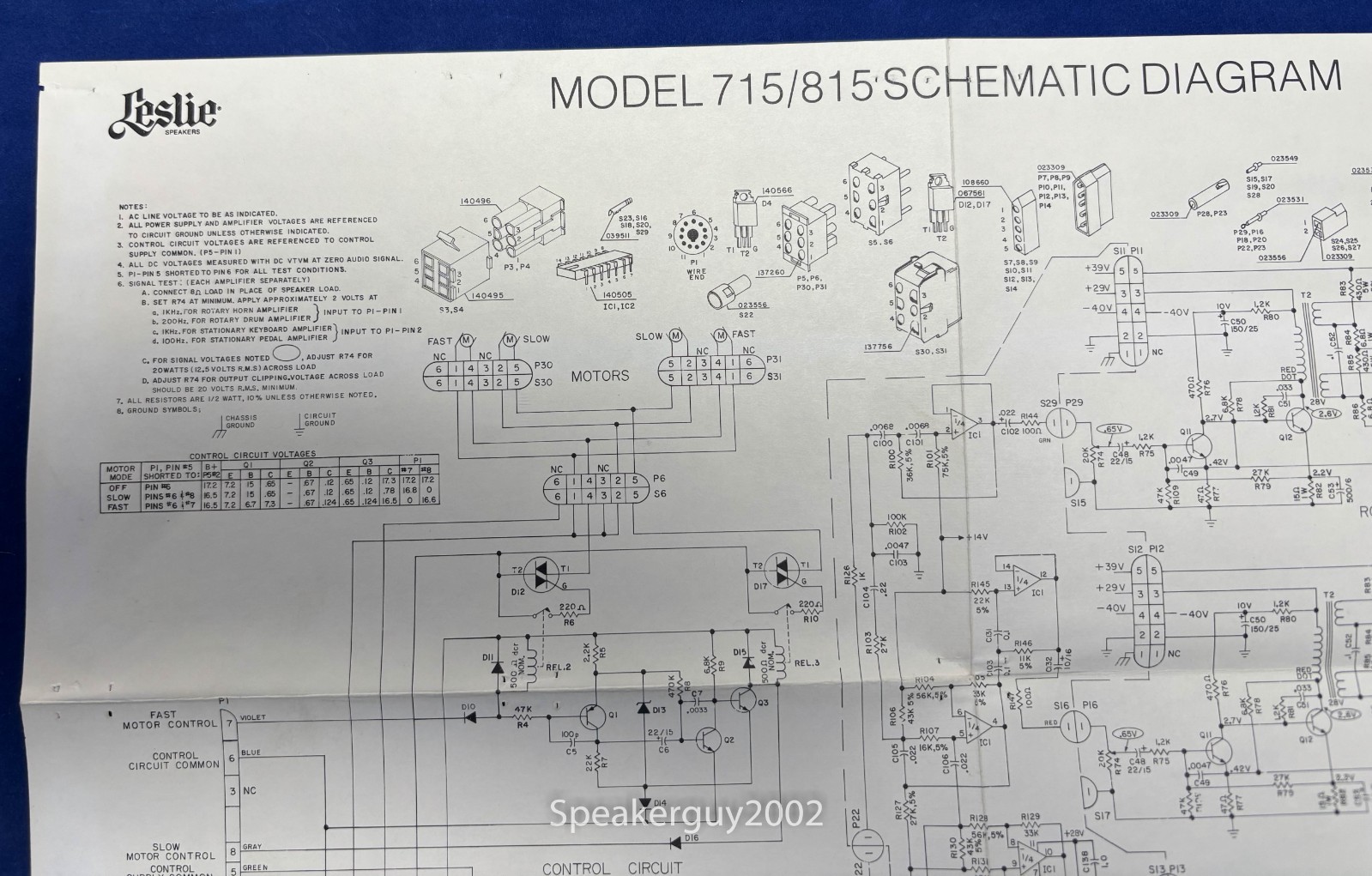 Original Leslie Speaker Model 715 815 Foldout Schematic