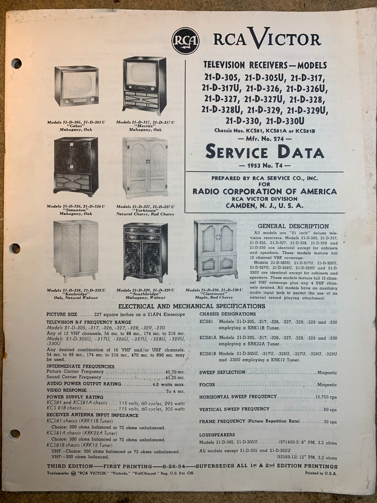 RCA Victor Television Data 1953 No. T4 KCS81 Chassis Series manual FREE SHIPPING