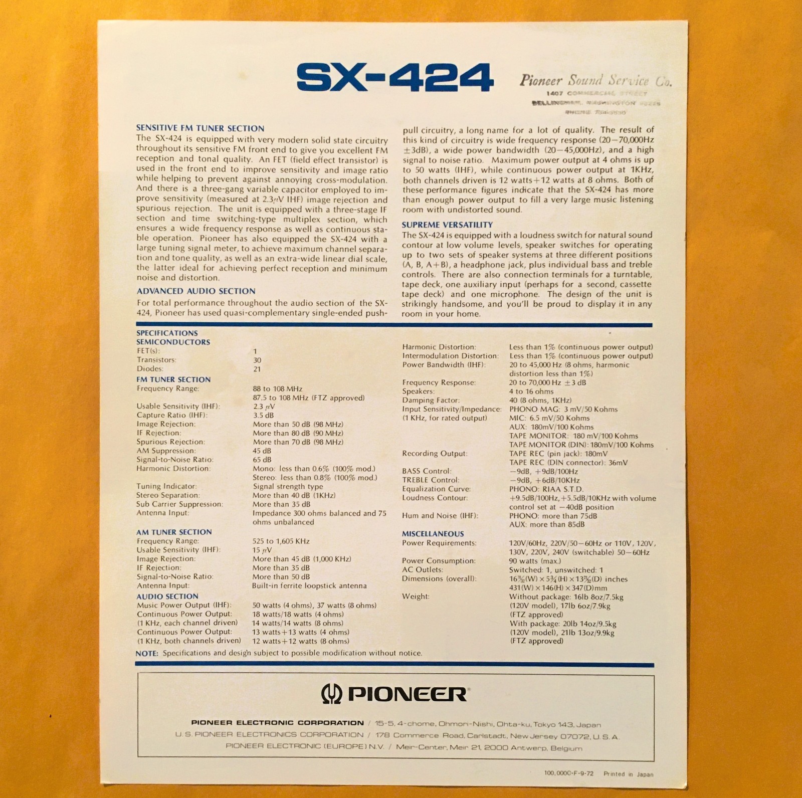 Original Pioneer SX-424 Stereo Receiver Sales Brochure – NOS and Uncirculated