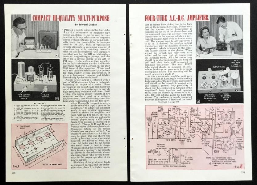 AUDIO Amplifier A.C.-D.C. Tube powered 1948 How-To build PLANS