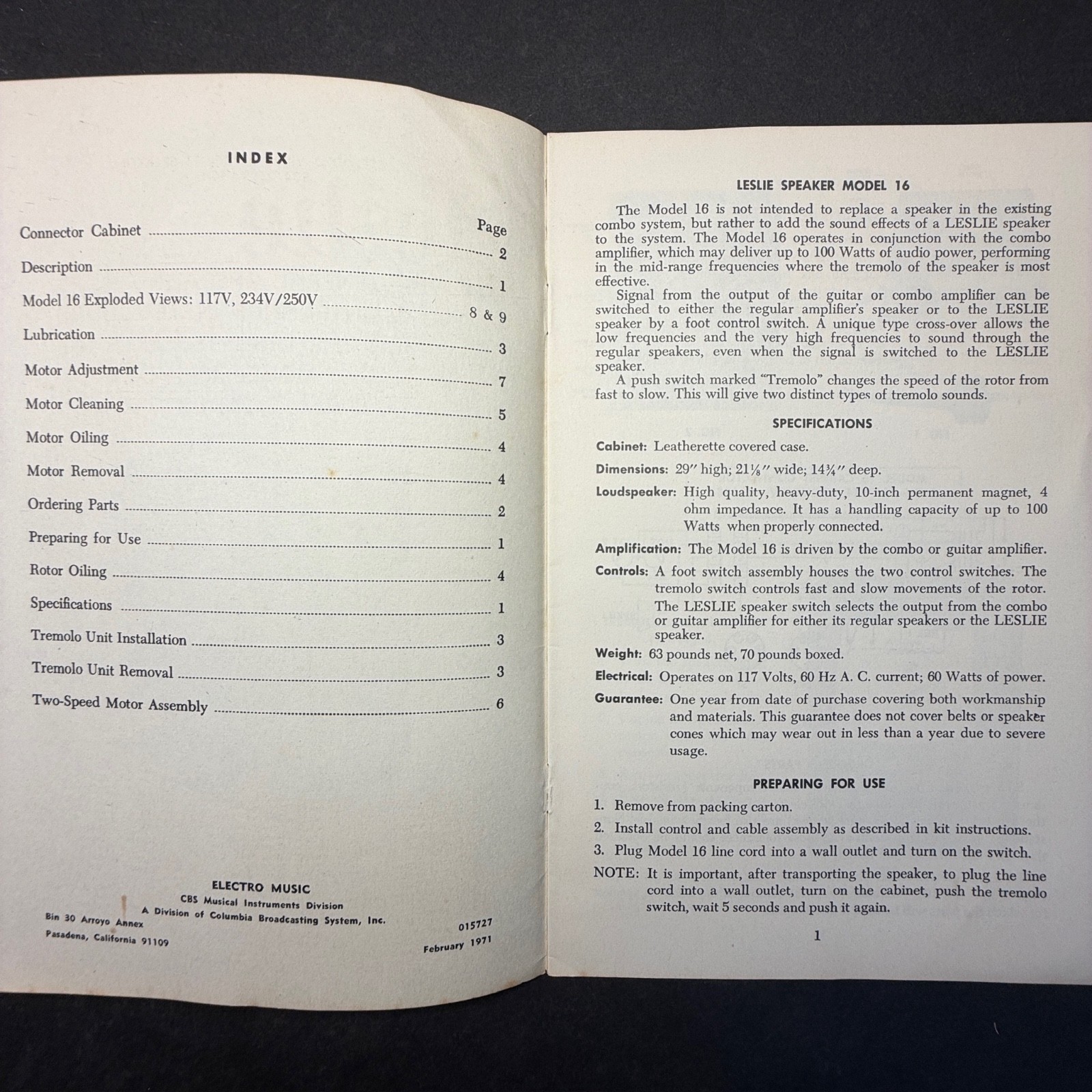 VINTAGE LESLIE MODEL 16 GENERAL OPERATING AND MAINTENANCE INSTRUCTIONS