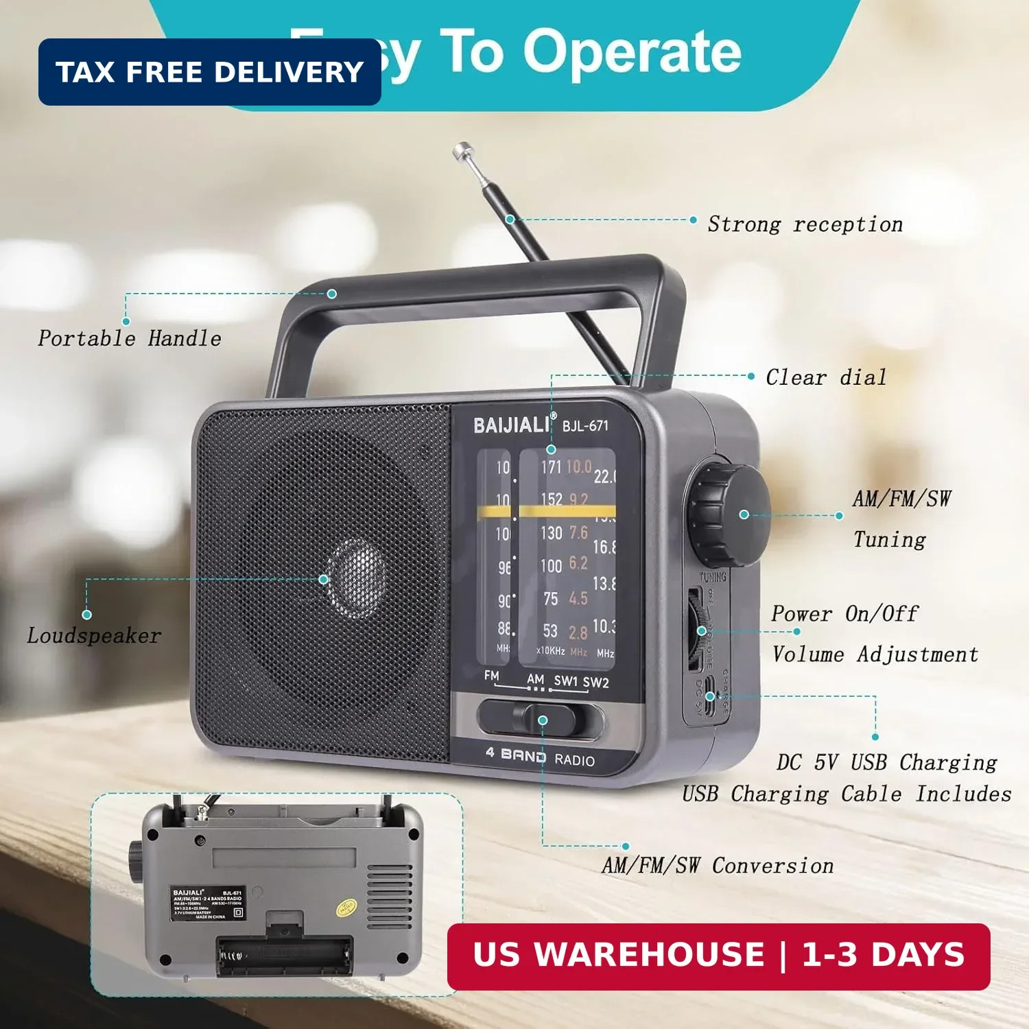 Portable AM/FM Transistor Radio with Loud Speaker, Battery or USB Powered – Comp