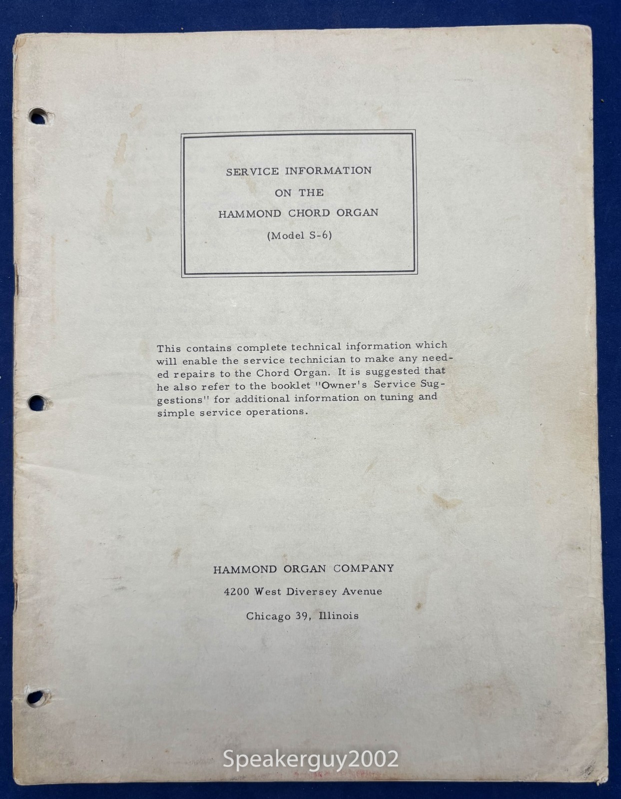 Original Hammond Organ Service Manual / S-6