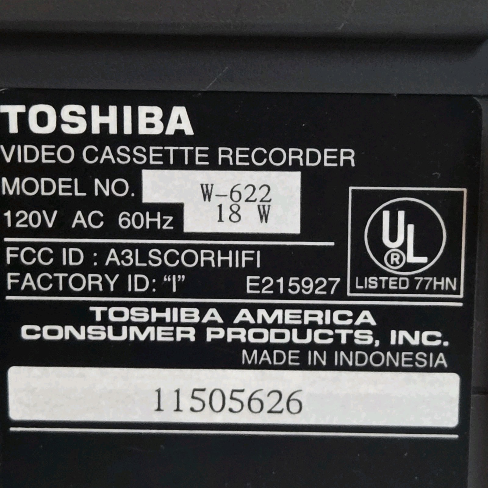 Toshiba W-622 4-Head Hi-Fi VHS VCR Player Recorder Works Great W/Remote & More!