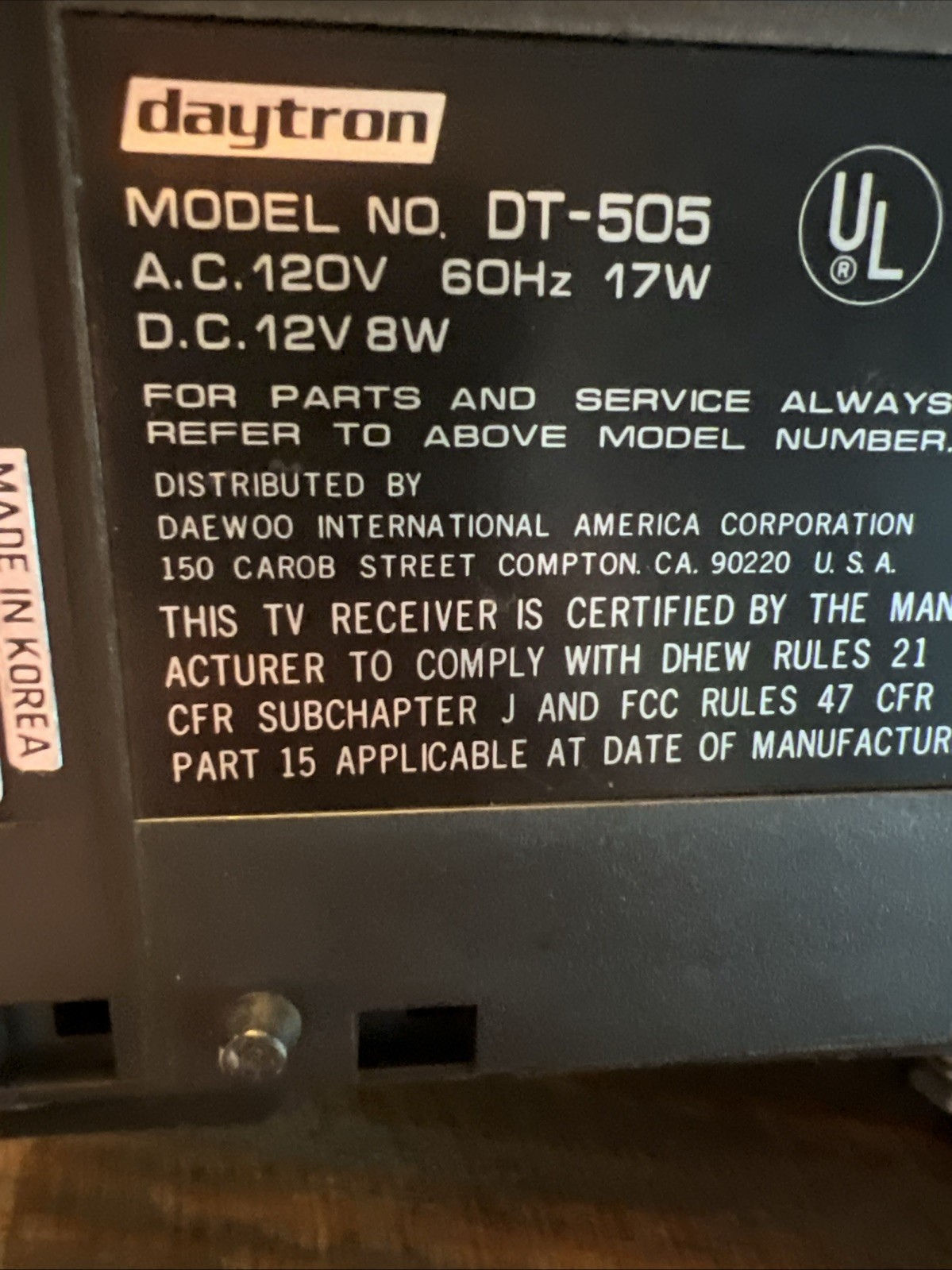 RARE Daytron DT-505 Vintage Portable TV VHF UHF 1979